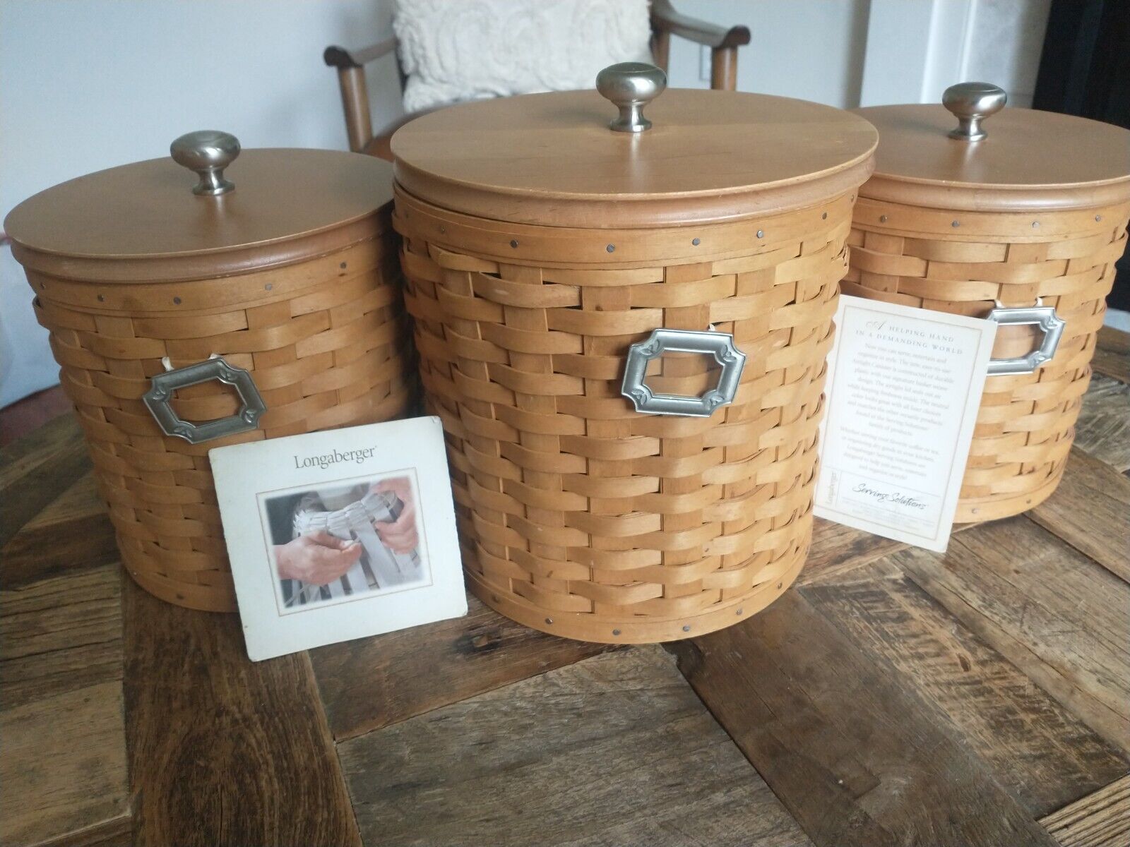 Longaberger Round Basket Canisters Set with Wooden Lids & METAL HANG Tags 2003