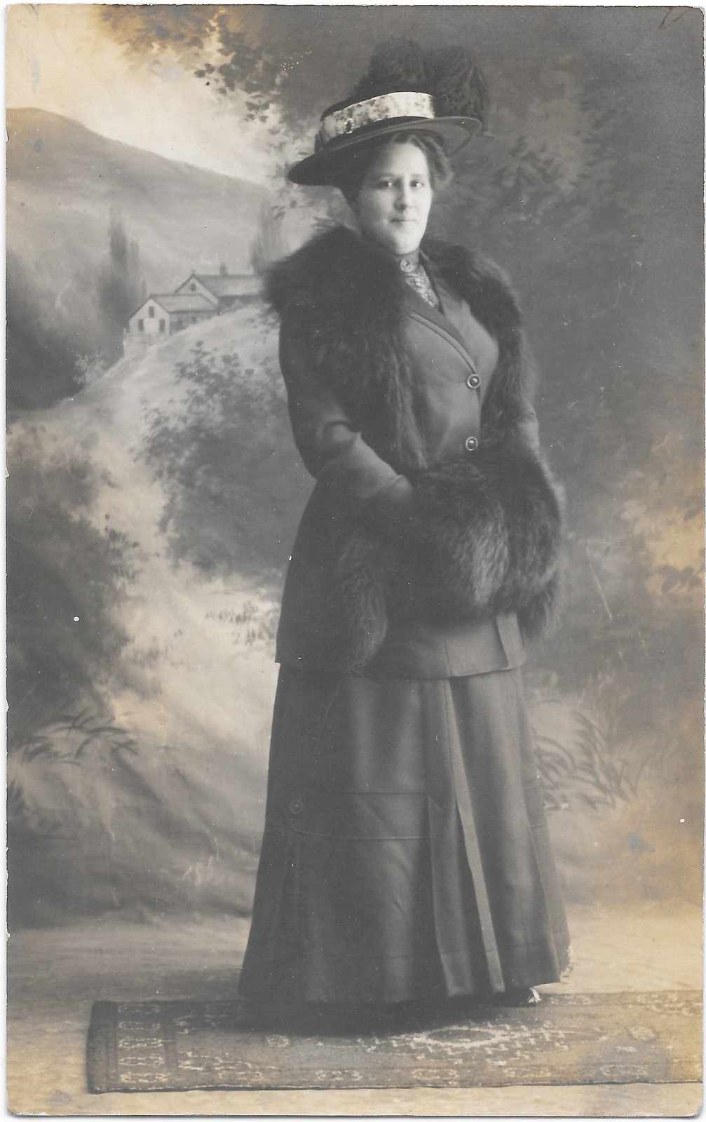 RPPC Real Photo Postcard Woman Fur Stole Large Hat c1910s Studio