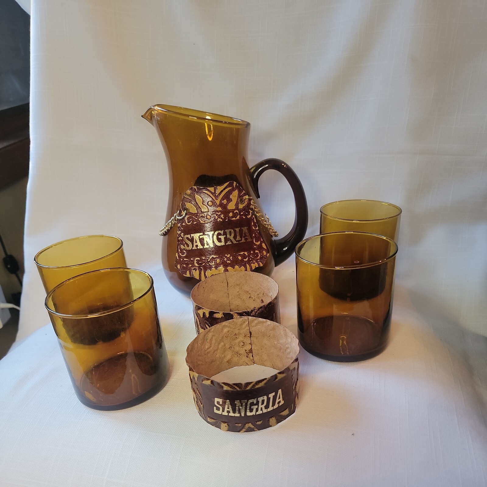 Vintage Brown & Gold Sangria Pitcher  & 4 glasses Hand blown Made In Spain