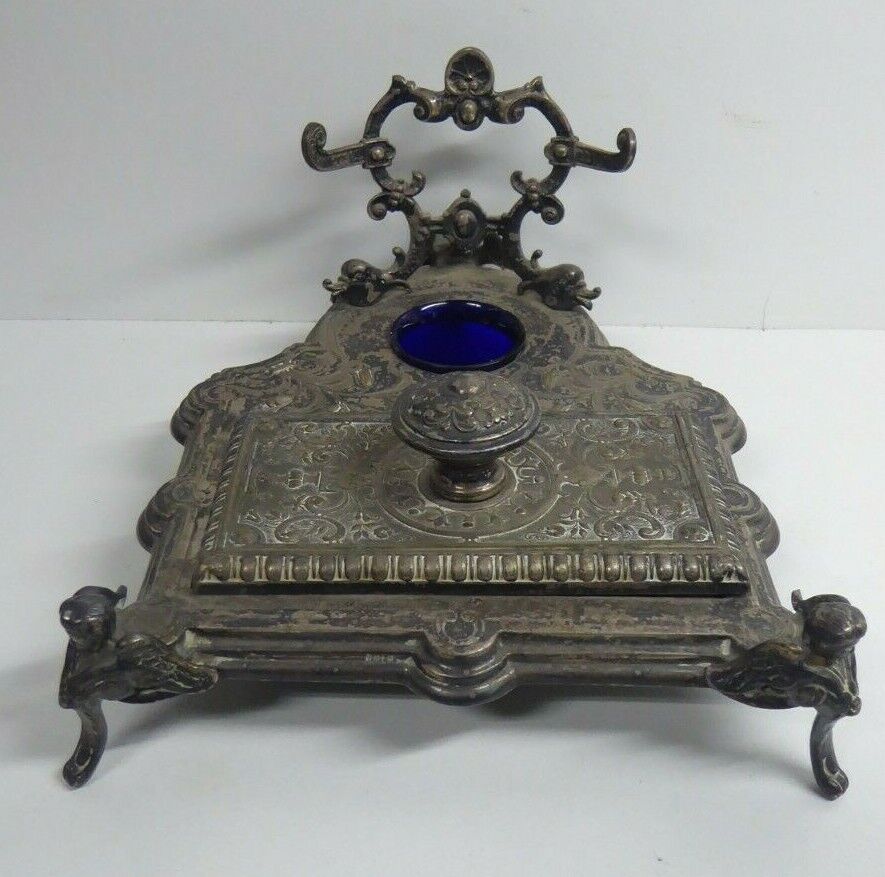 ANTIQUE WMF NOUVEAU SILVER PLATE INKWELL DESK SET CLAW FOOT PEN STAND BLOTTER