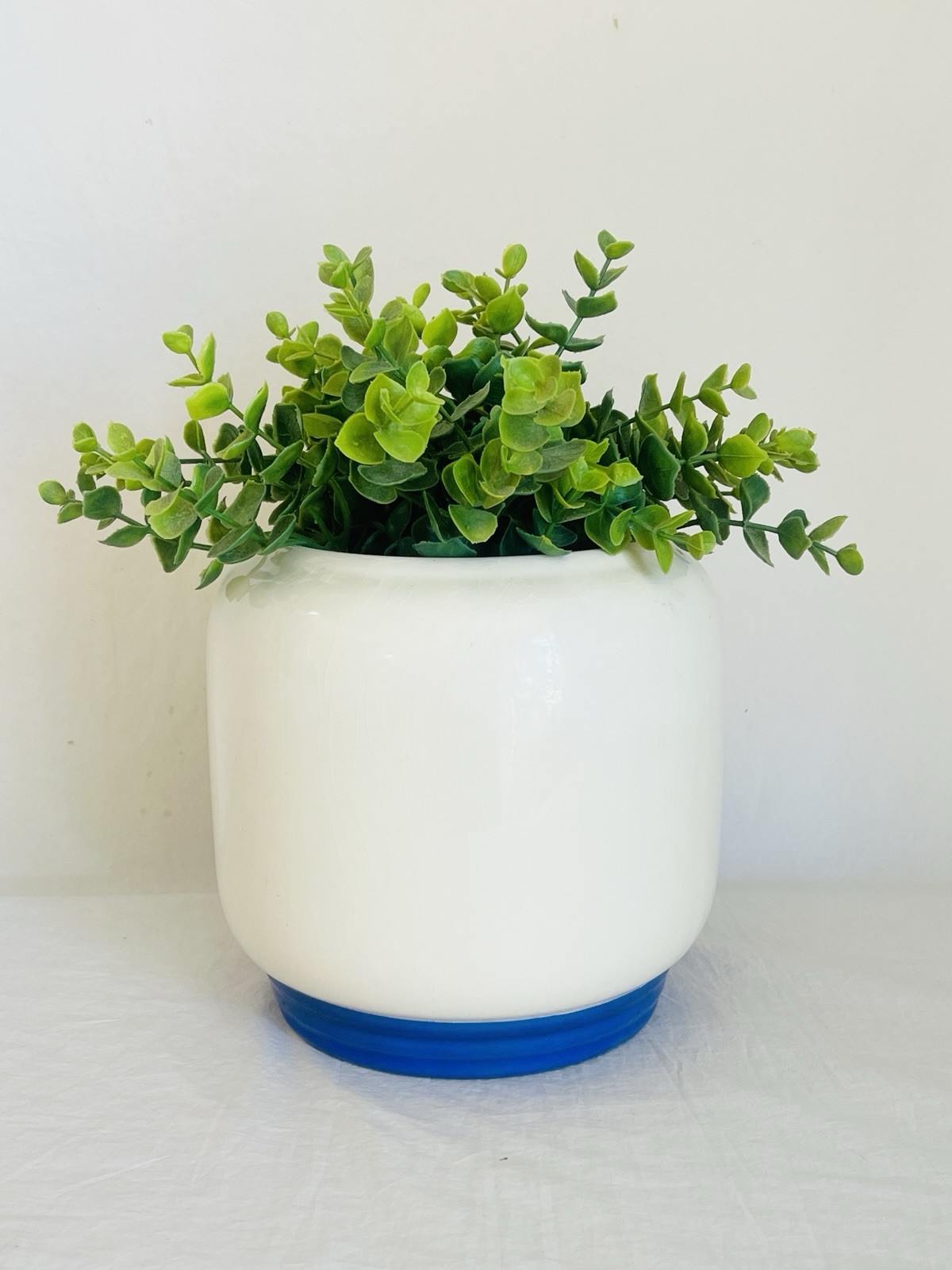 Vintage Ceramic Planter Cream with Blue Base by Knowles Utility Ware