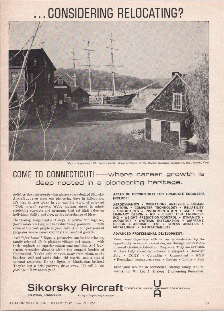 Sikorsky Aircraft 1966 Vintage Print Ad Connecticut Career Growth VTOL Sikorsky Aircraft 1966 Vintage Print Ad Connecticut Career Growth VTOL
