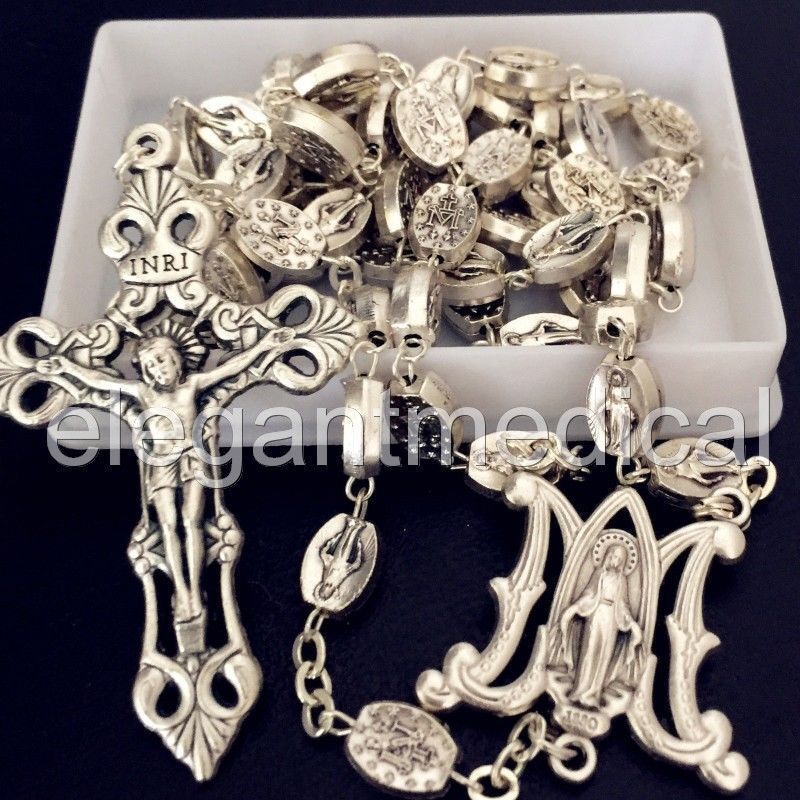 SILVER Italy Catholic Our Lady Of Grace Mary Rosary Cross Crucifix necklace box