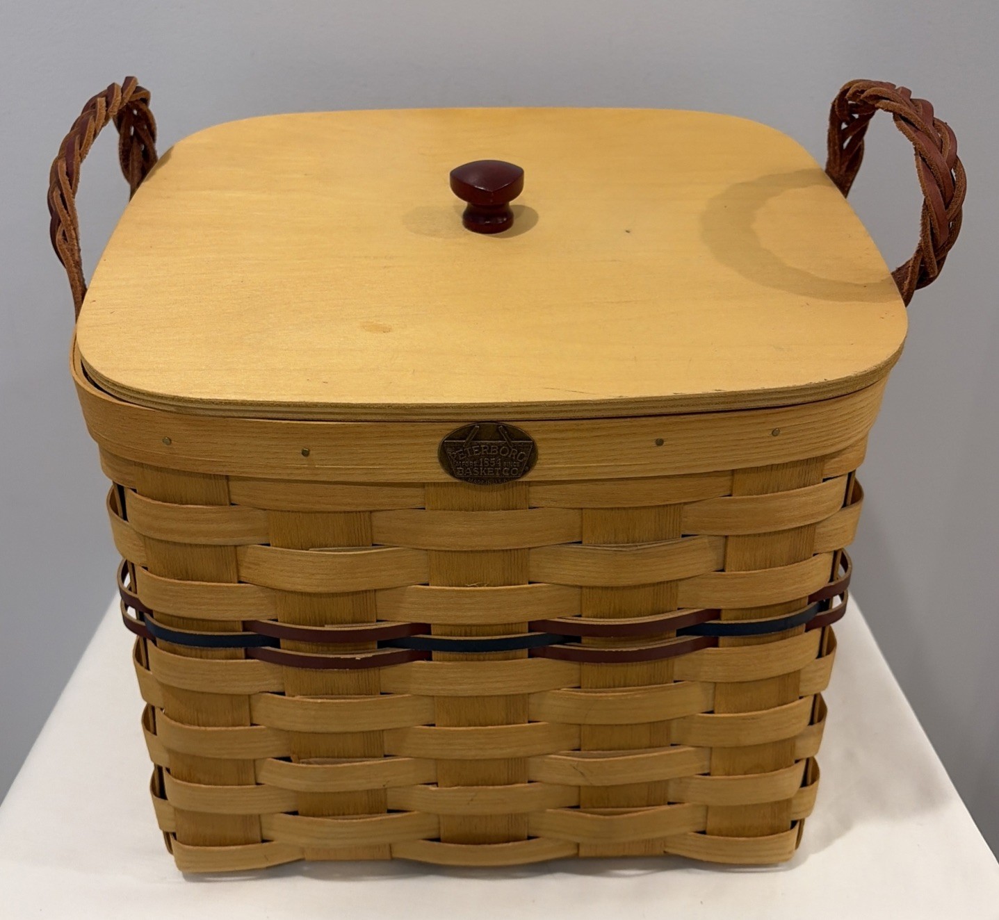 VTG Peterboro Basket Co.  Slanted Large Mail Basket with Wood Lid w Liner Signed