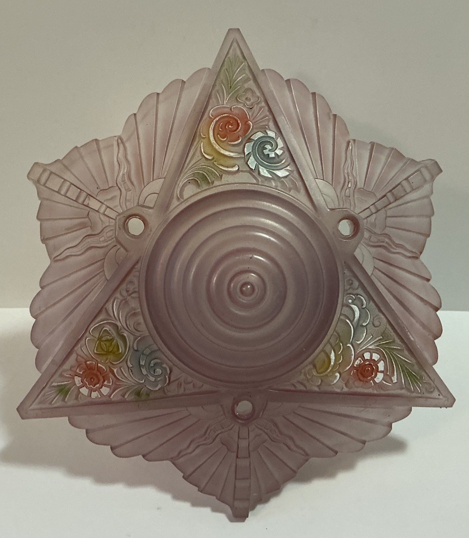 VINTAGE ART DECO CONSOLIDATED GLASS FLUSH MOUNT SHADE PINK W/ FLOWERS RARE