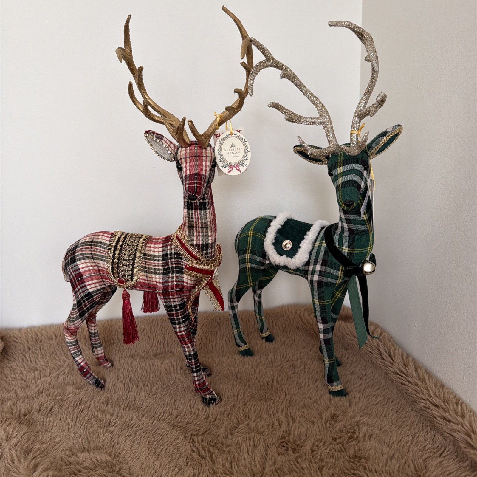 Set of 2 - 23” Plaid Standing Deer Christmas Decor Tartan Holiday Scottish Green