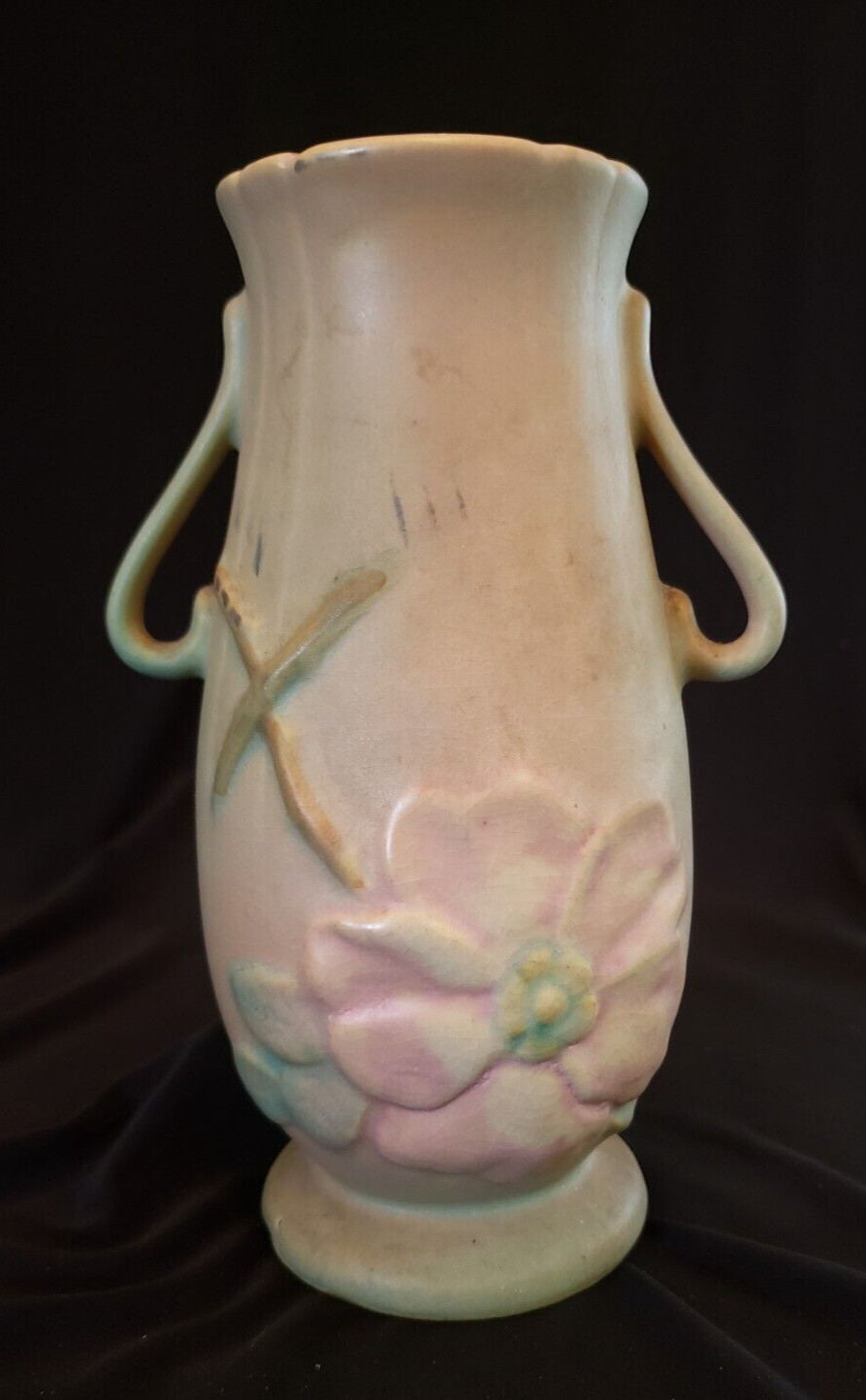 Vintage Weller Dogwood Magnolia Small Pottery Vase Double Handled Light Pink