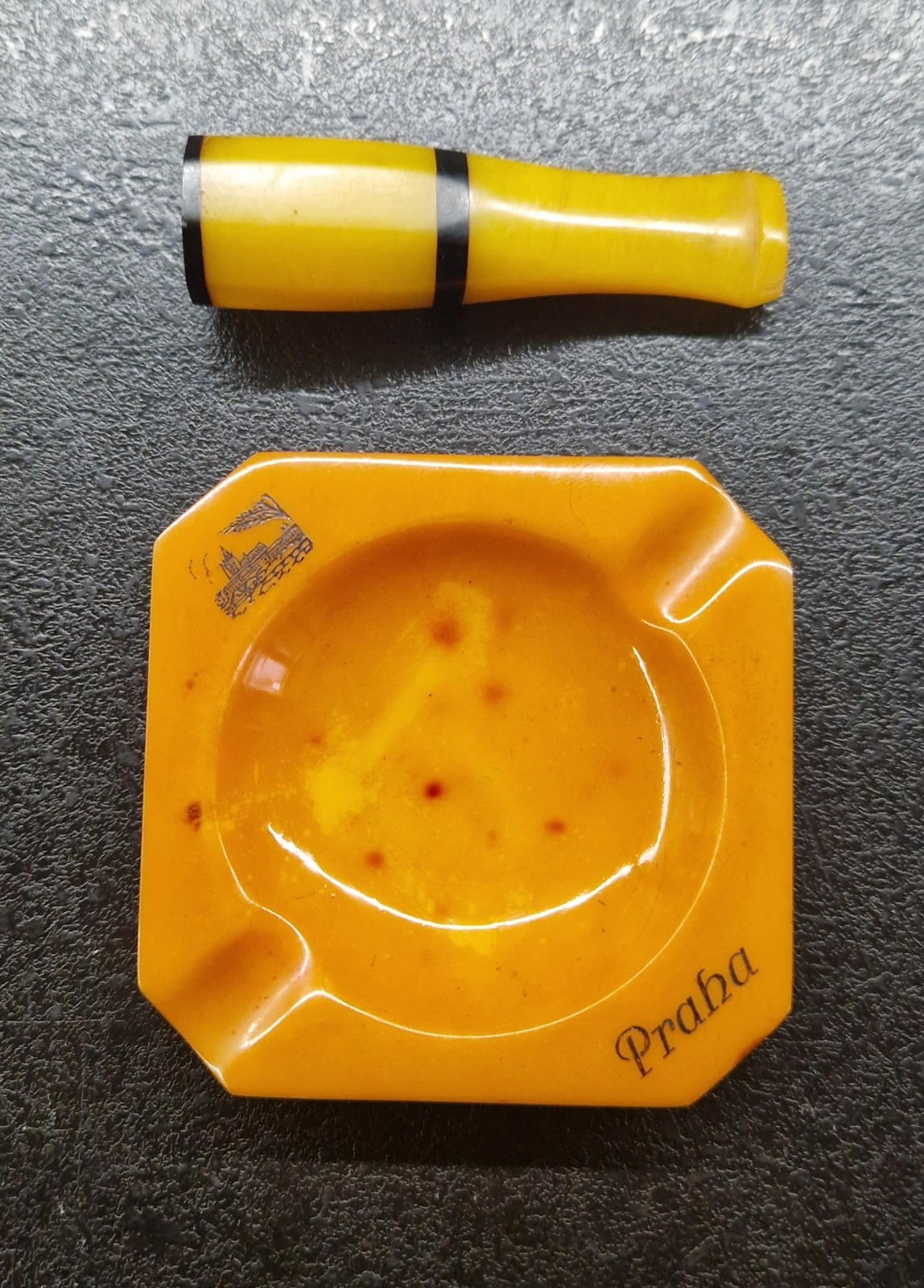 Vintage Sailboat Figurine Miniature Metal Boat on Amber Yellow Bakelite Stand 