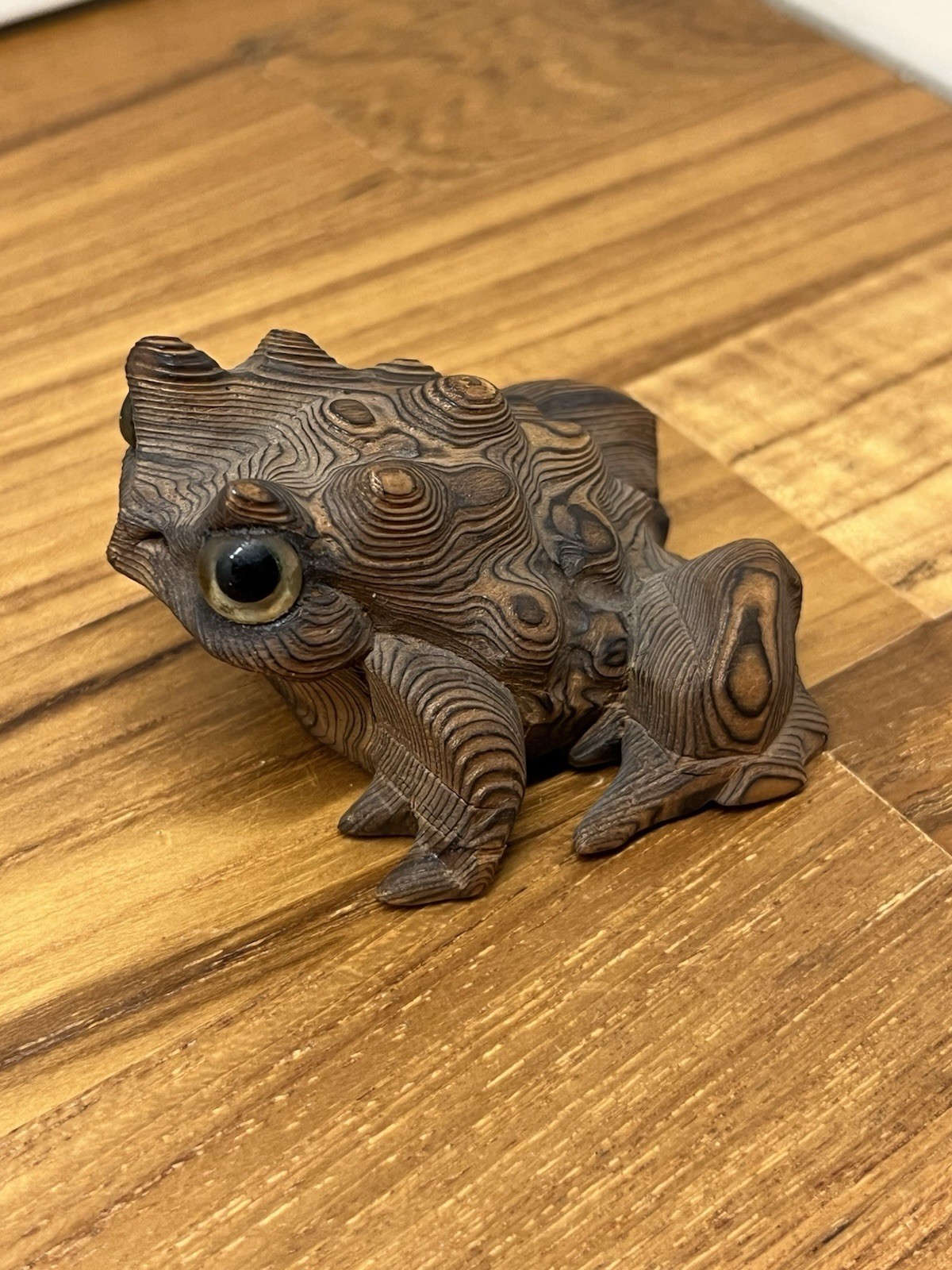 Vintage Hand Carved Wooden Frog Sculpture Made In Japan With Textured Detailing