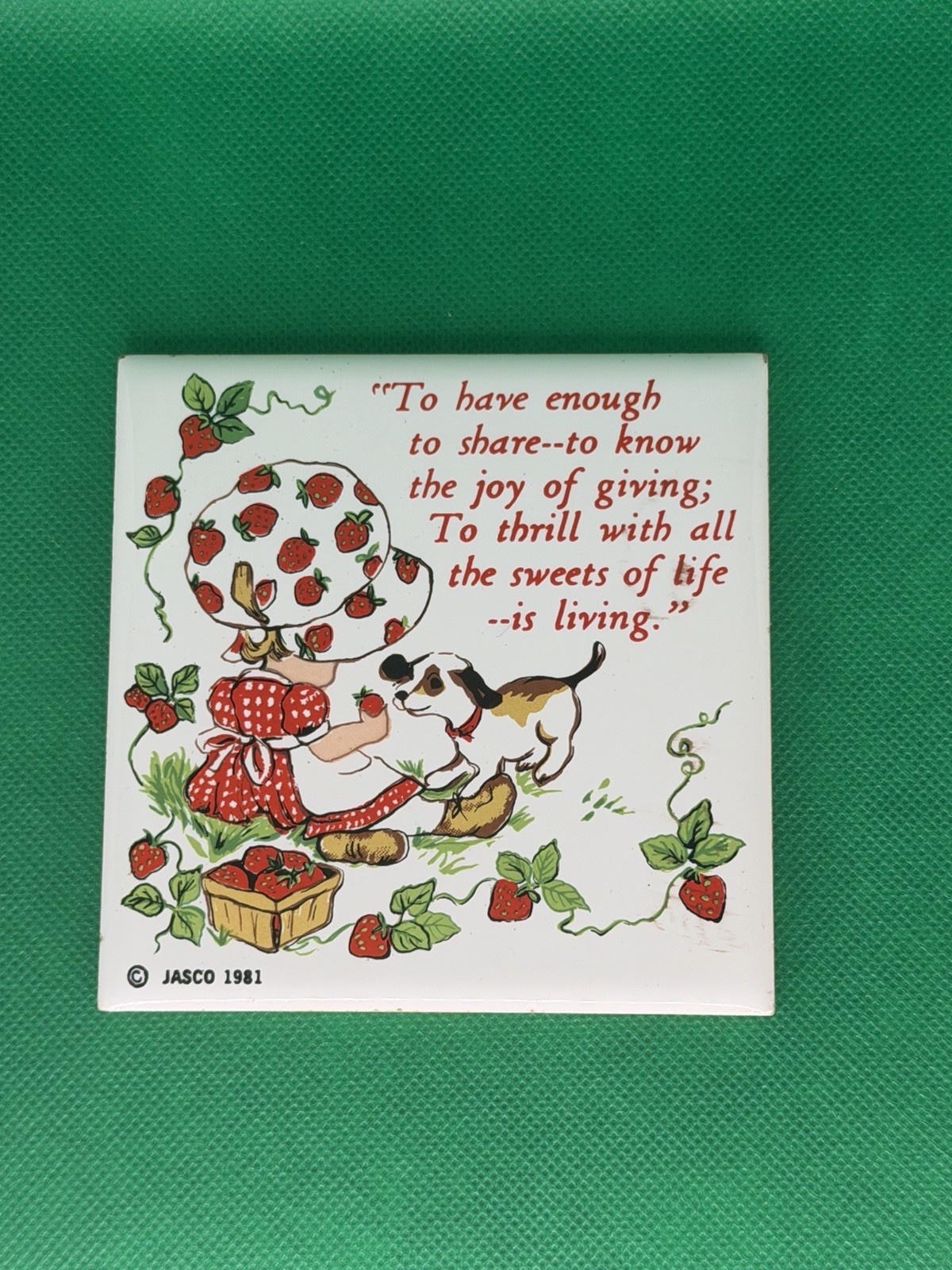 Jasco 1981 Strawberry Shortcake Girl w/Dog Patches Ceramic Tile Trivet VTG RED