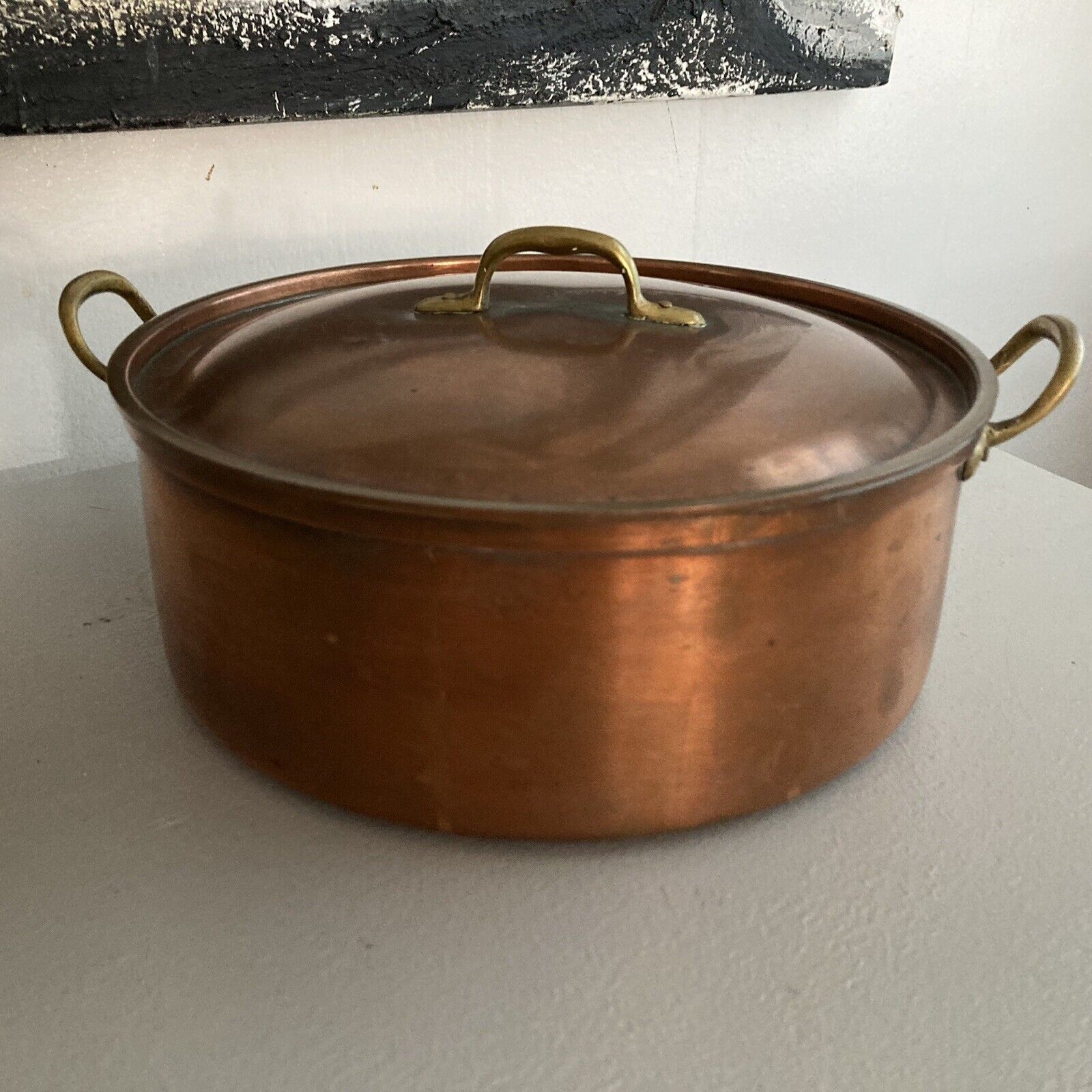 Vintage Tagus of Portugal Copper 9.5” Covered Cook Pot R86 Brass Handles