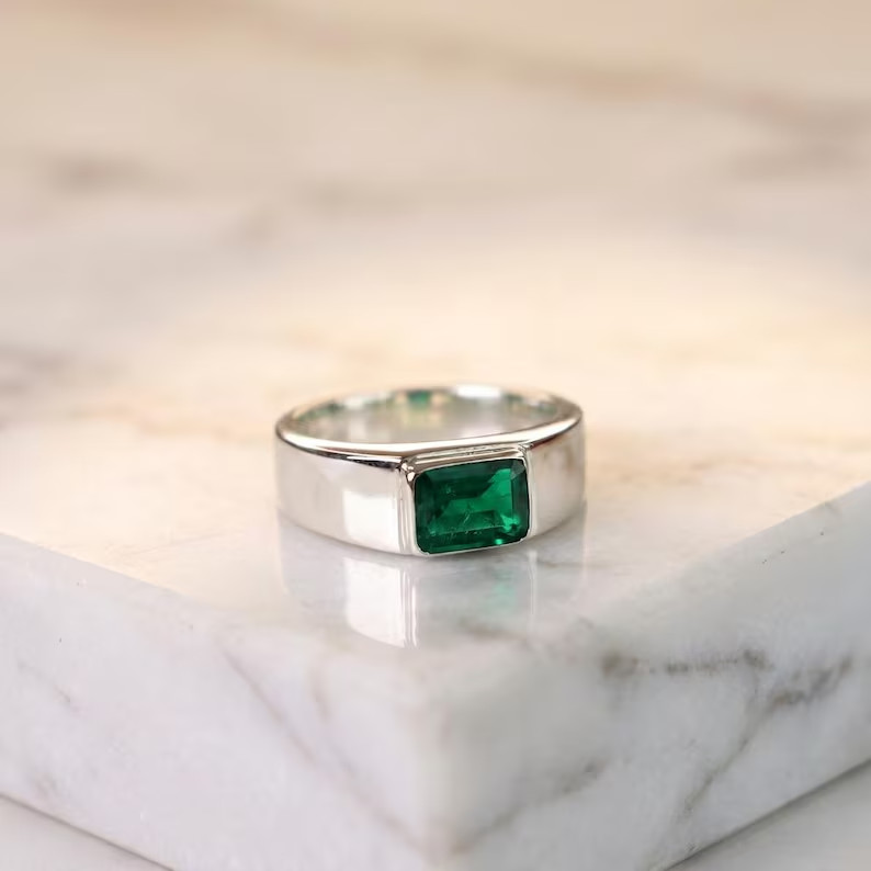 9Ct+ Stone Natural Certified Green Emerald Ring 925 Sterling Silver Emerald Cut