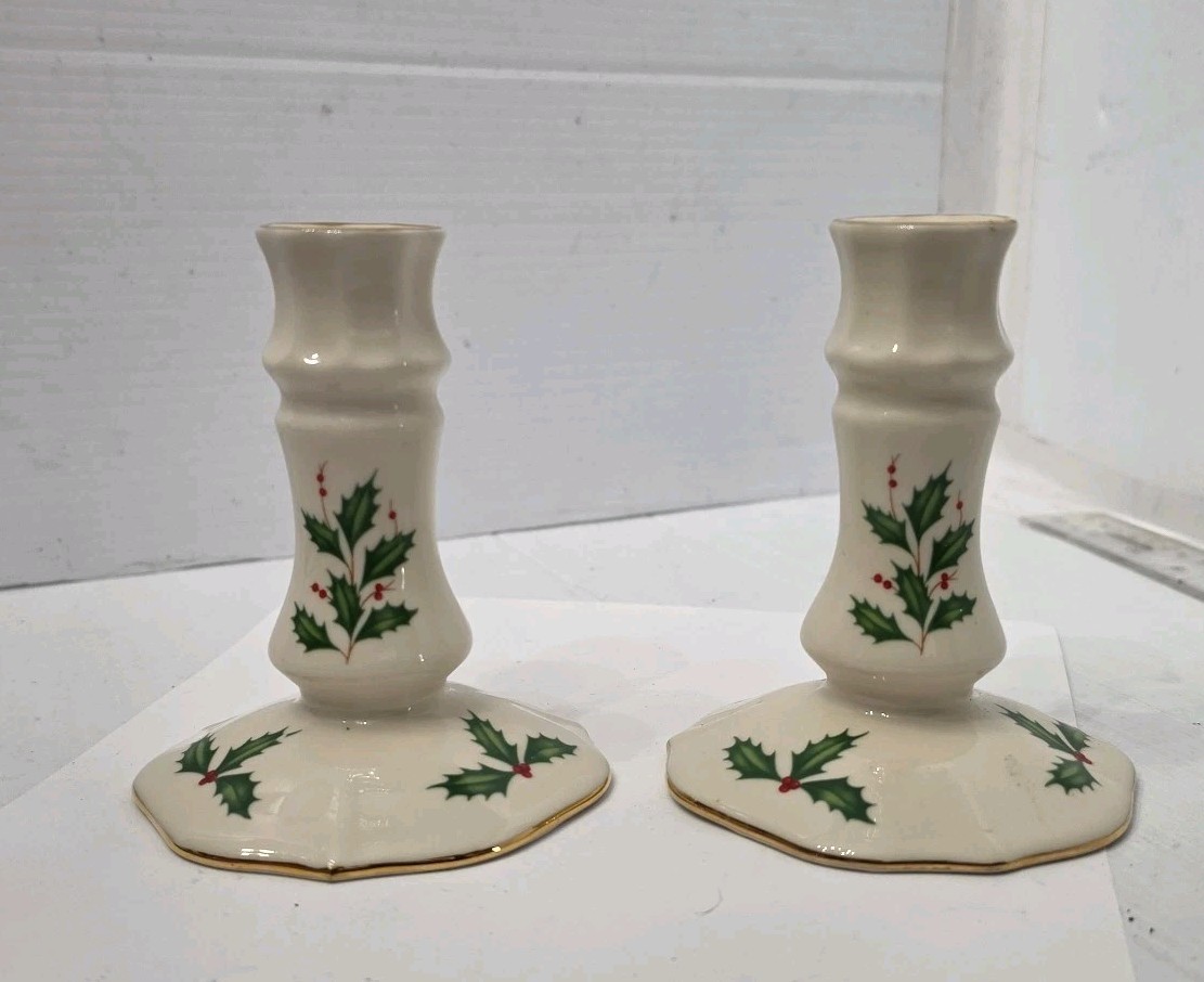 Lenox Holiday Christmas Candlestick Holders Pair Vintage Ivory Fine China Holly