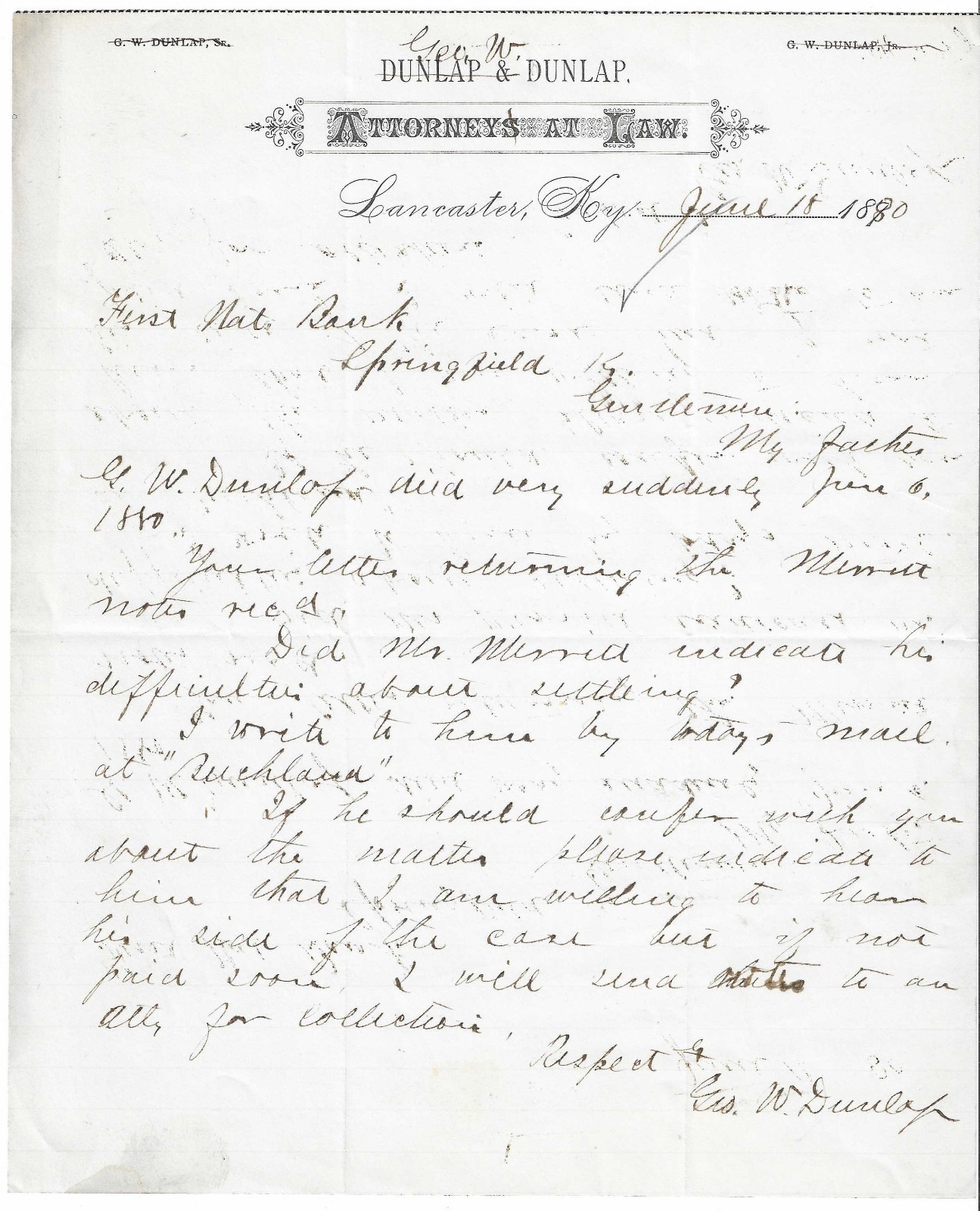 1880 Lancaster KY ~ Dunlap Attorney - George W. Dunlap Died - Letter