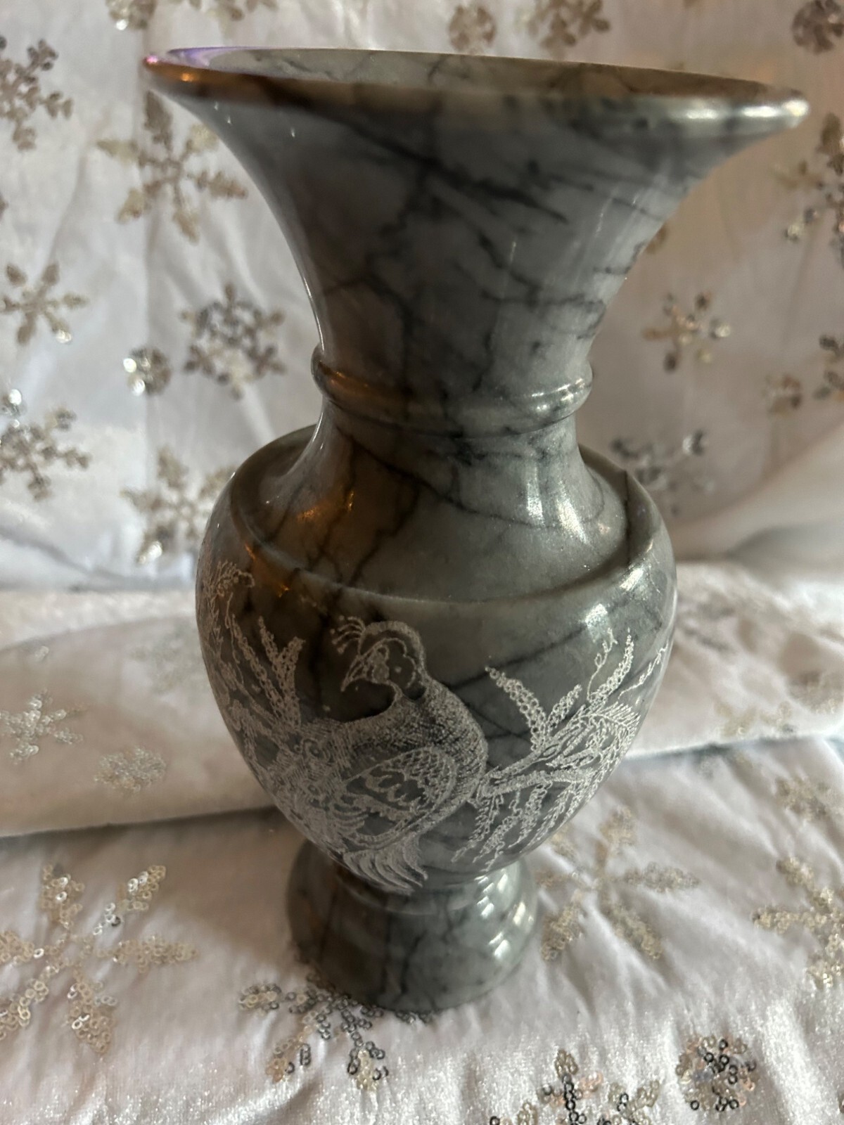 Handcrafted Gray Marble Vase With Intricate Silver Peacock Design Heavy