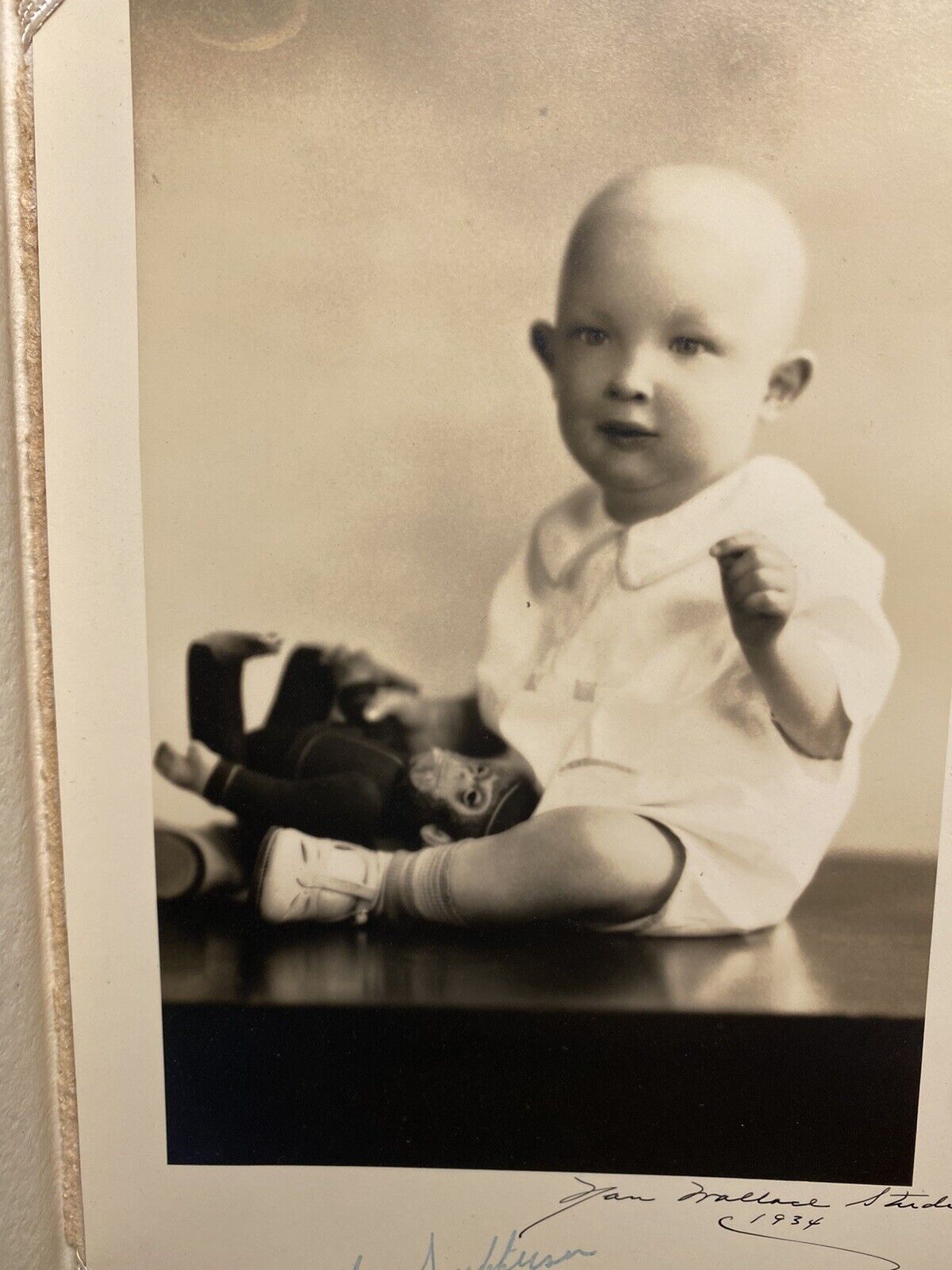 Vtg 1934 Photo Schuco Bellhop Monkey Boy Happy Baby Billie Wallace Toledo Ohio