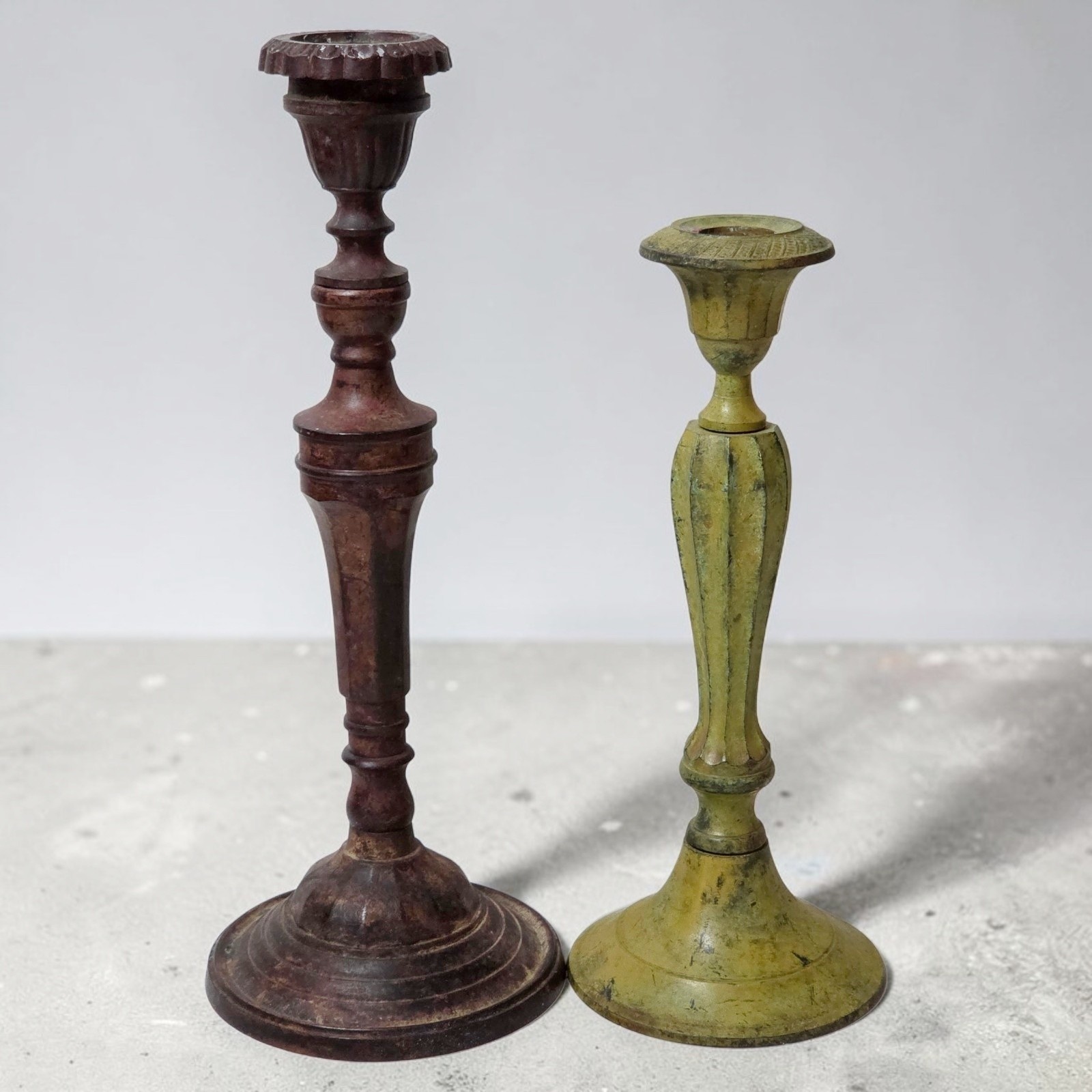 Pair Rustic Metal Candlesticks Folk Art Cottagecore Primitive Farmhouse Decor