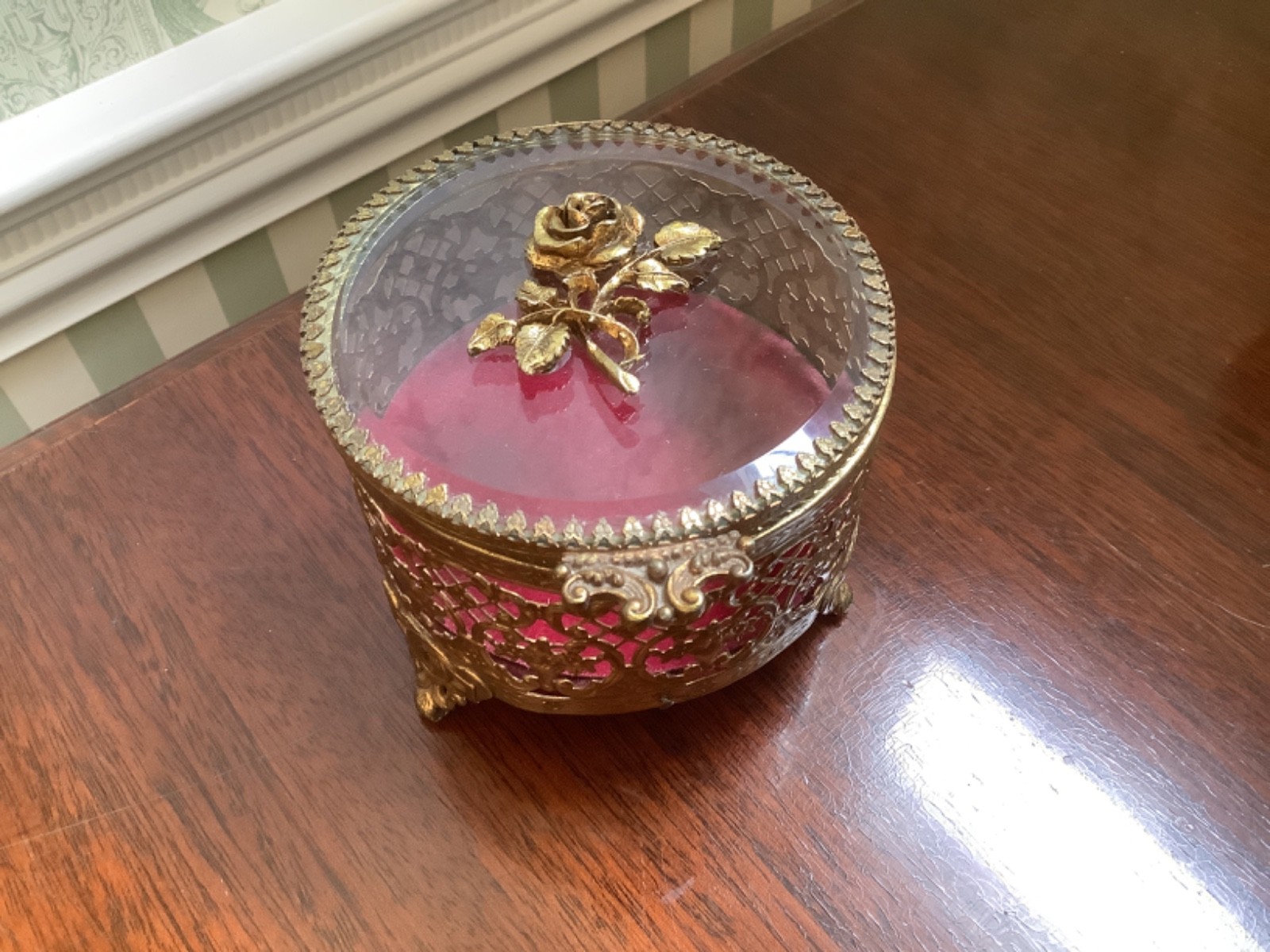 Vintage Mid Century Modern Gold Ormolu Round Vanity Rose Accent  Jewelry Box