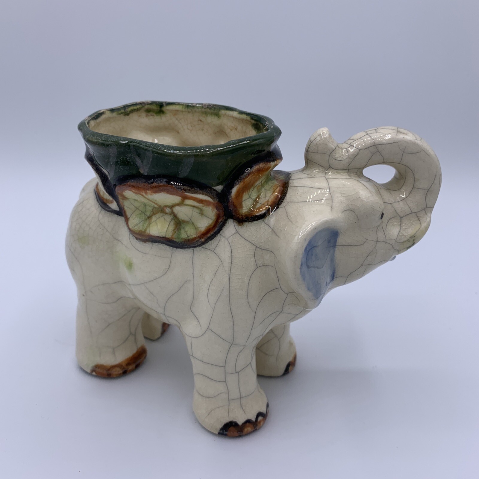 Vintage Handpainted Ceramic Lucky Elephant Planter Made in Japan Crackle Glaze