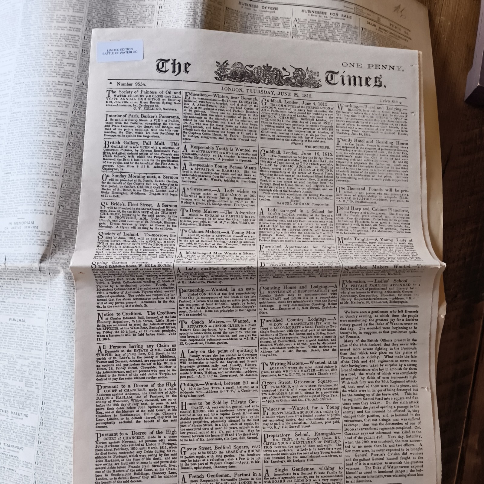 The Times Newspaper 22nd June 1815 Battle of Waterloo bonus March 11th  1931 