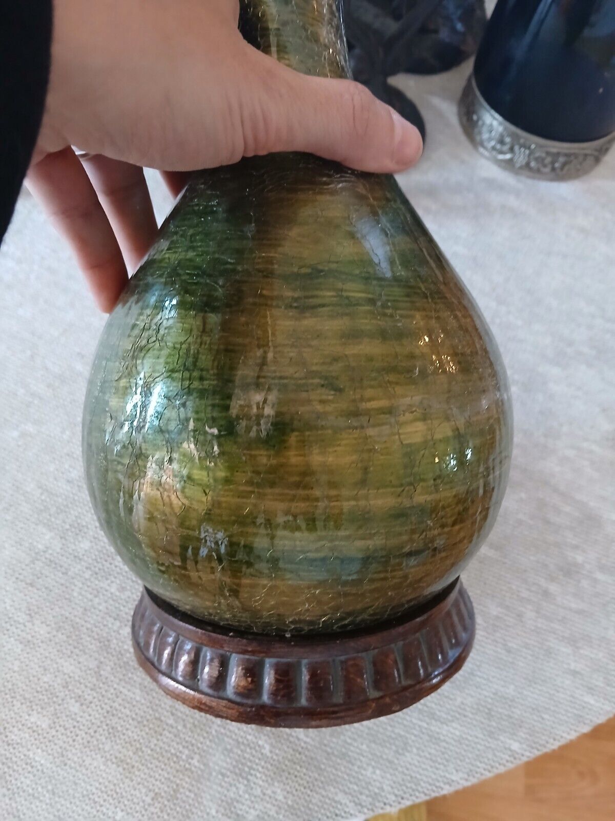 green crackled glass vase vintage