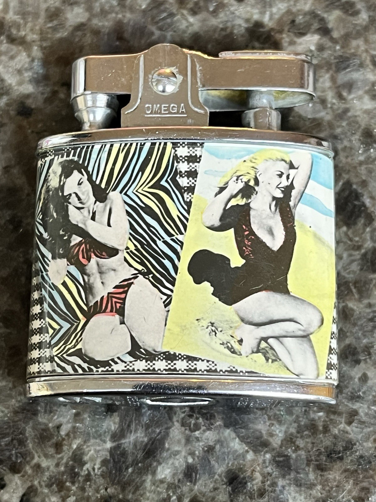 Bright Vintage 1950’s Omega Four Image Pinup Lighter Burlesque Bikini Model