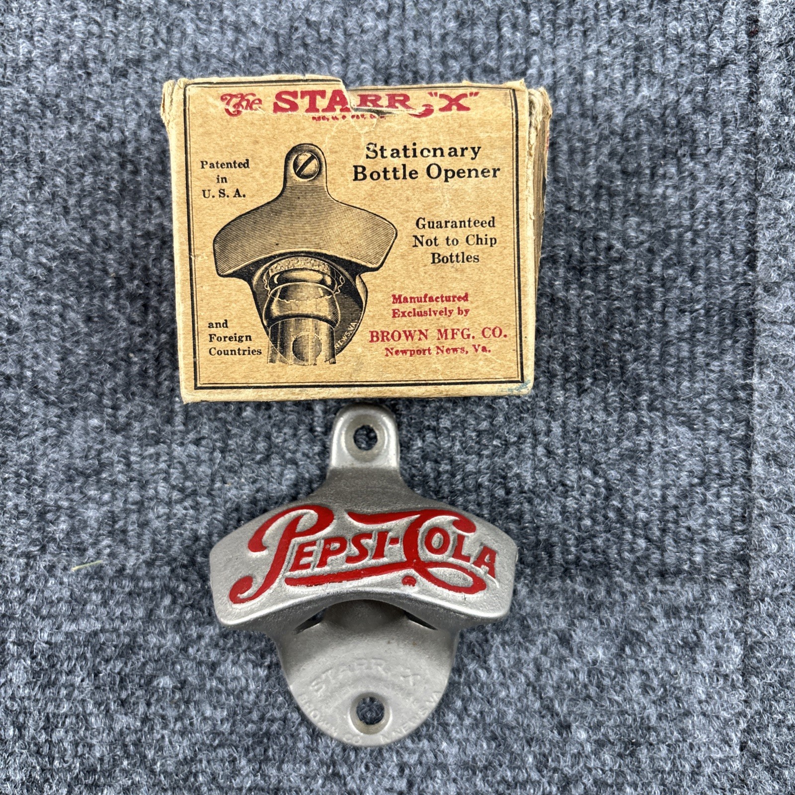 Vtg Pepsi Cola Starr X Wall Mount Metal Bottle Opener Brown Co. w/ Box USA 1940s