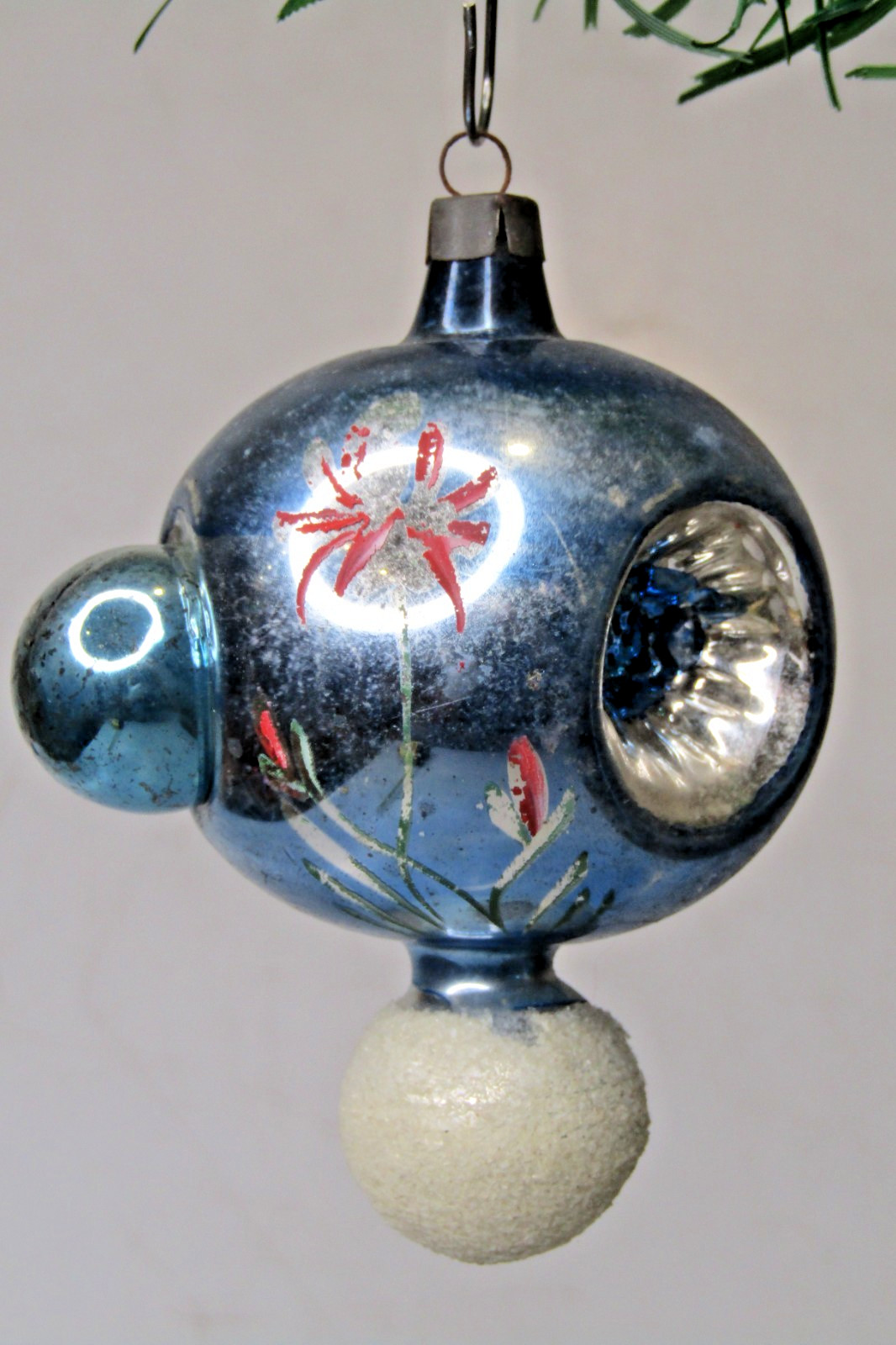 VTG Glass Multi Indent FLOWER Pictured Finial DROP Christmas Ornament Poland