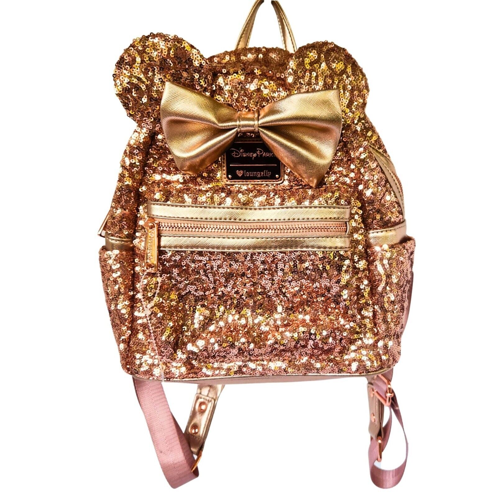 DISNEY PARKS Minnie Mouse Rose Gold Sequin Mini Backpack LOUNGEFLY