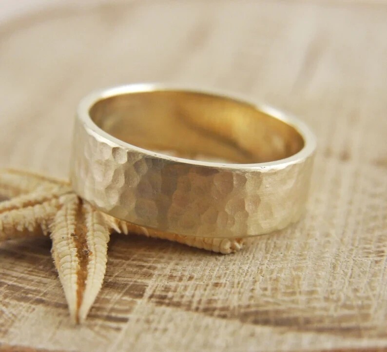 7mm*1.3mm Solid 10K Yellow Gold Over Thick Hammered Wedding Band Ring For Men's