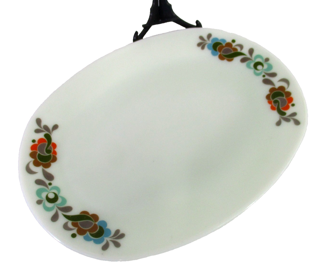 JAJ Pyrex Geometric Flowers Pattern Oval Serving Plate 606 22 Milk Glass 30.5cmL