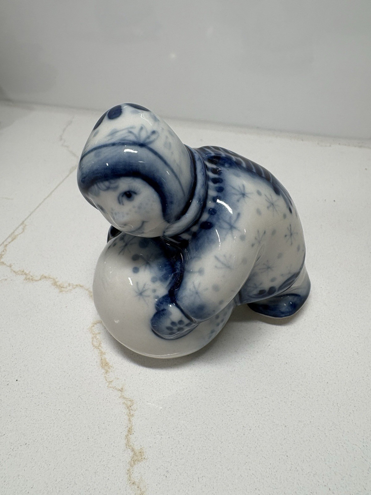 Gzhel Russian Porcelain Boy With Snowball. Approximately 3” X 3”