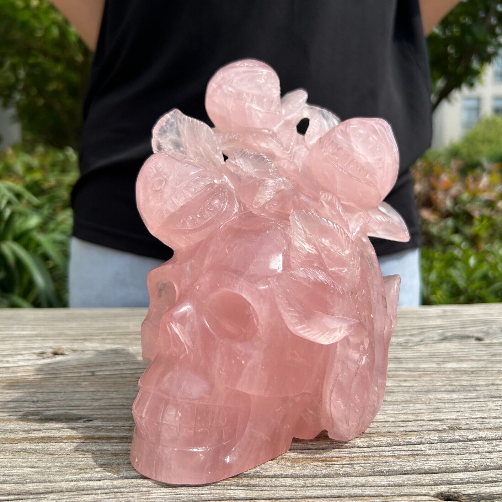 4.9LB 6.8'' Natural Rose Quartz Corpse Flower And Skull Statue Healing Crystal