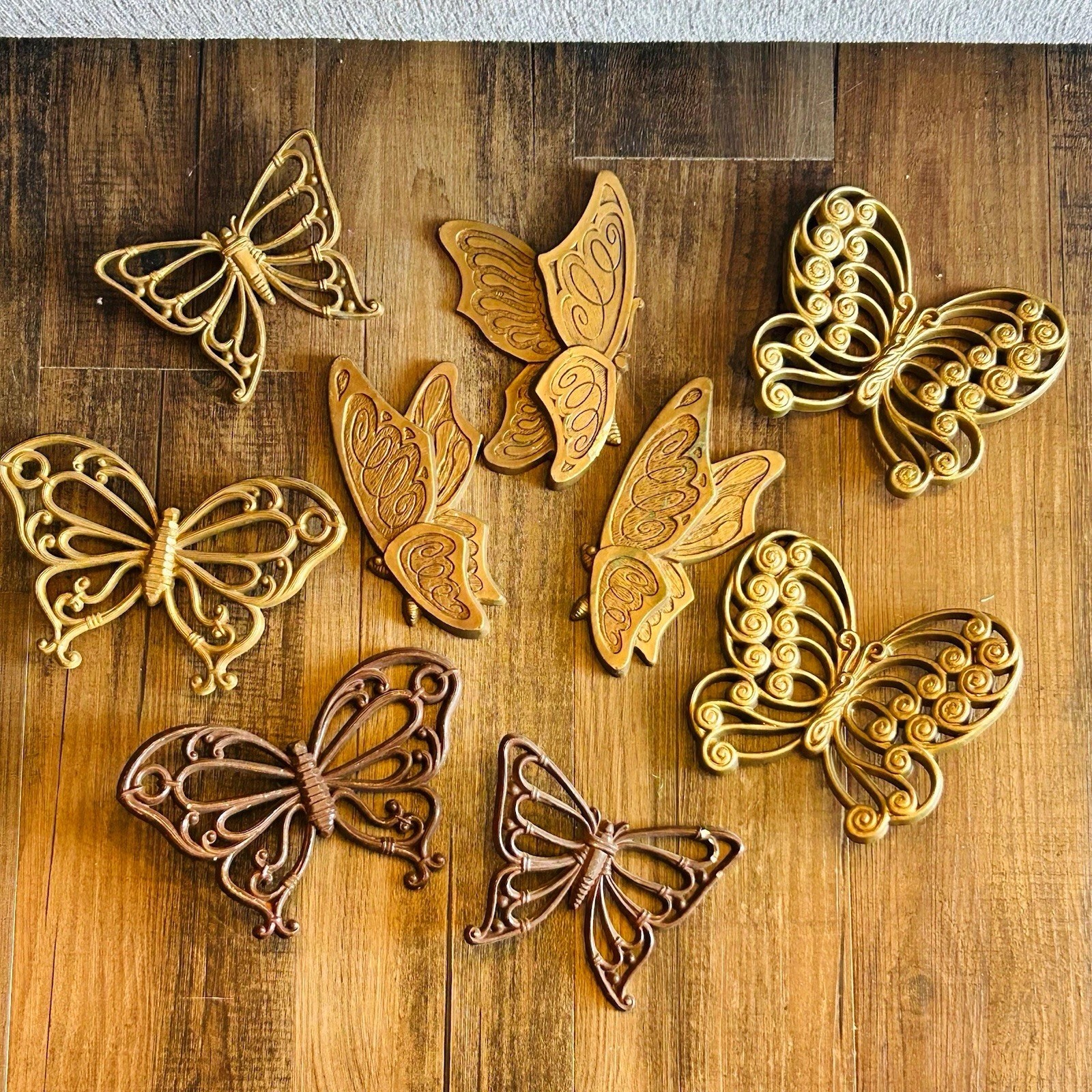 VTG Lot of 9 Butterfly Hanging Gold Tone Plastic Wall Art Plaque Gallery Retro 