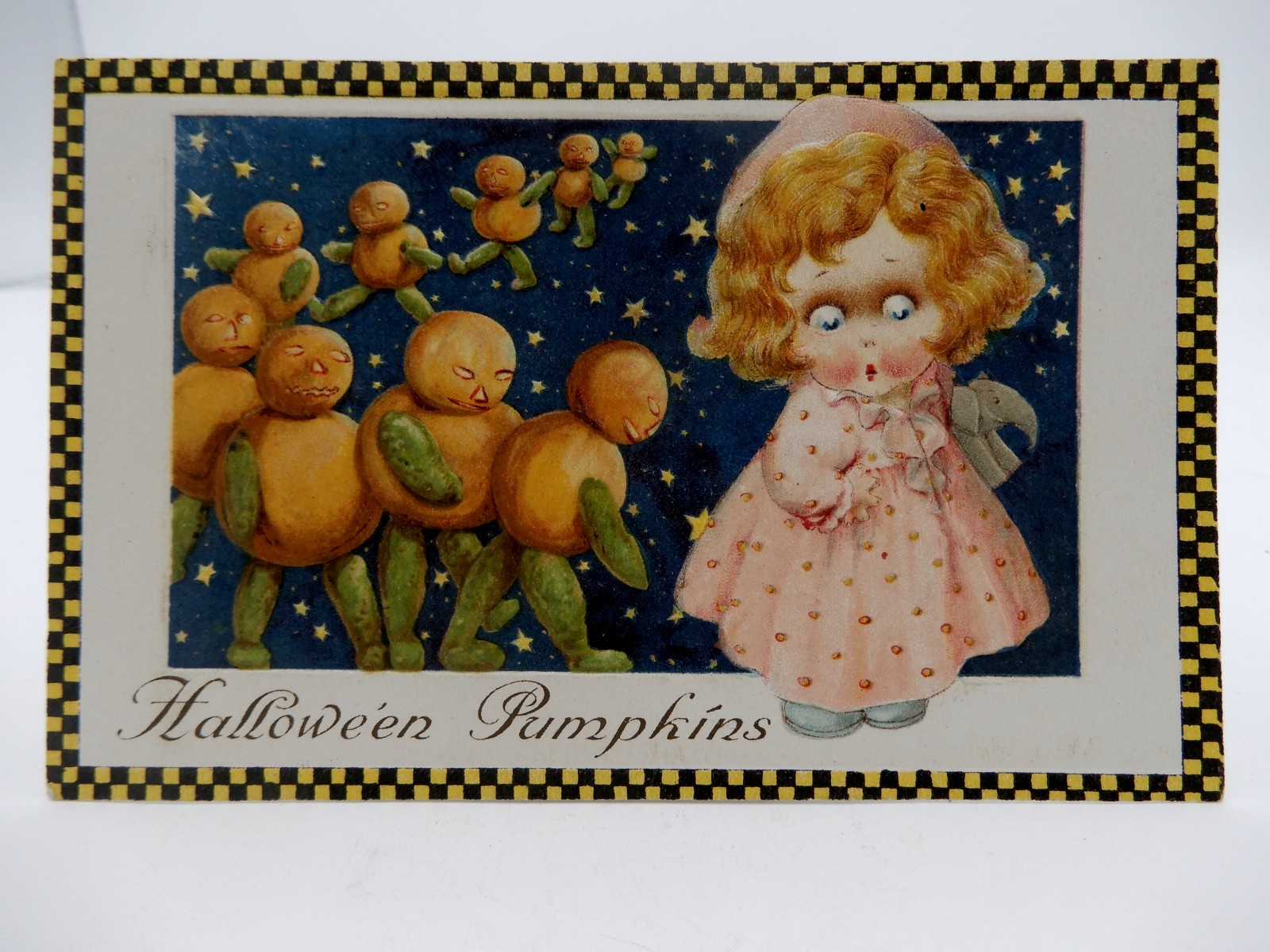 John Winsch Freixas Halloween Postcard Girl with JOL Cat, Flying JOLS John Winsch Freixas Halloween Postcard Girl with JOL Cat, Flying JOLS