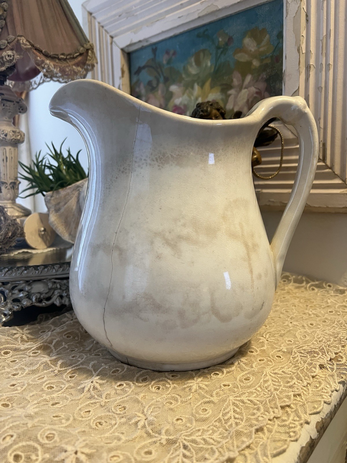 antique stained crazed ironstone Pitcher 9” Tall