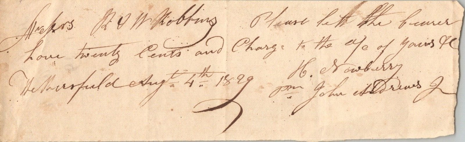 Handwritten receipt Wethersfield CT John Andrews Jr H Newbury Antique signed