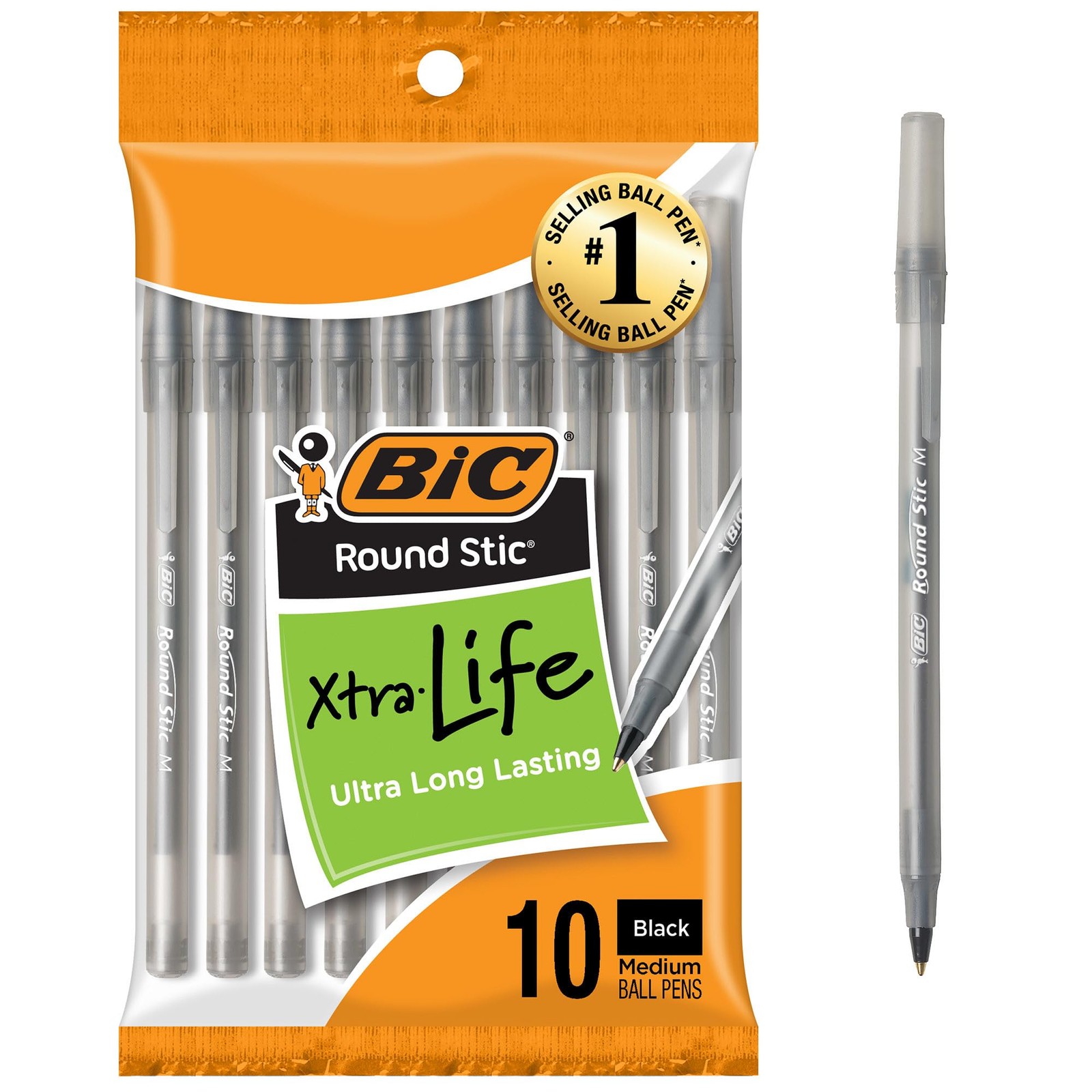 BIC Round Stic Black Ballpoint Pens, Medium 10 Count (Pack of 1),