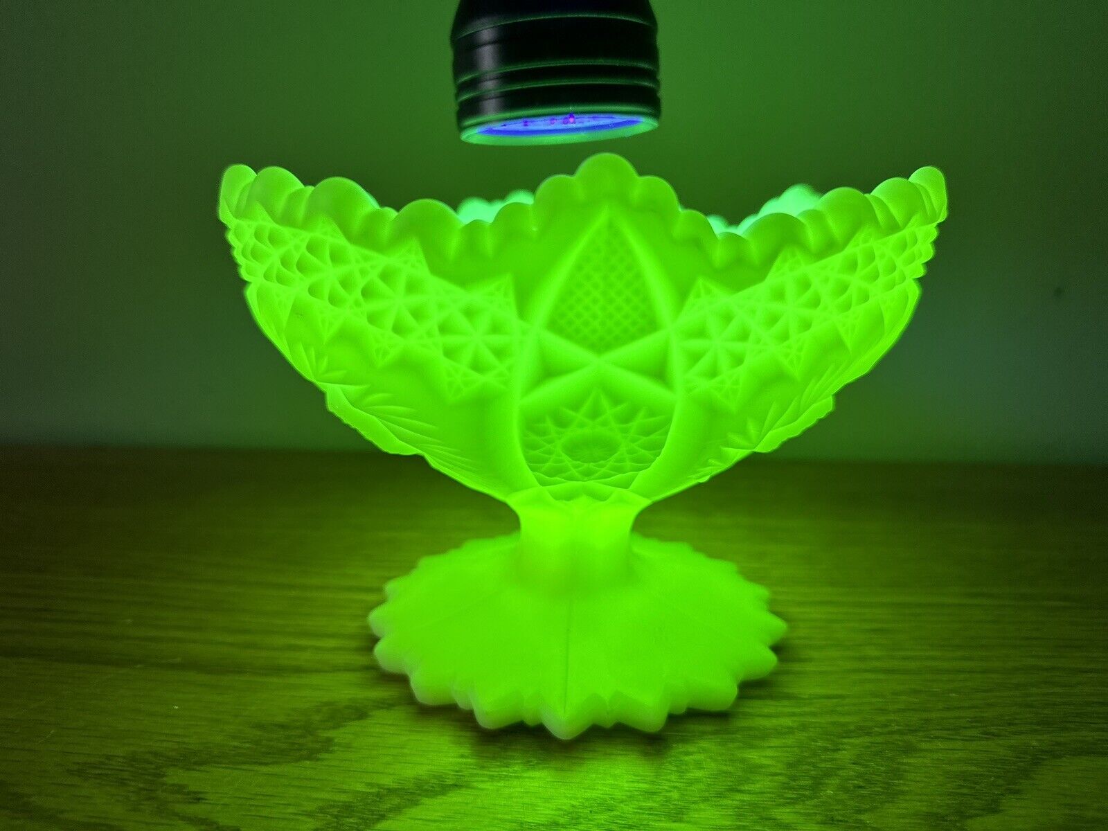 Fenton Pinwheel Compote Glows Green Uranium Satin Custard Glass Pedestal Bowl