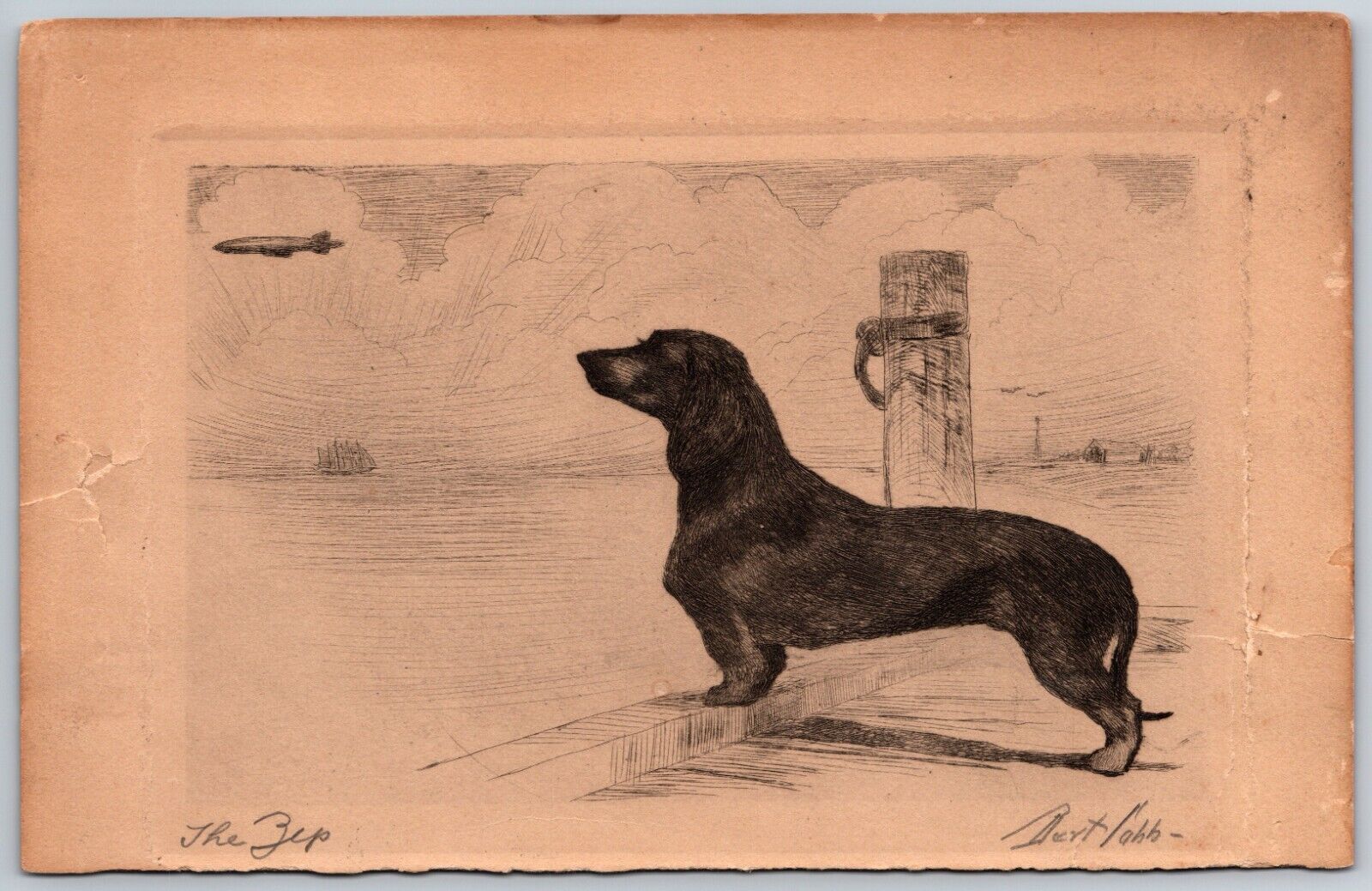Dachshund Dog Art Bert Cobb Original Dry Etching Zeppelin The Zep Artist Signed