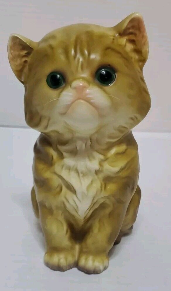 Vintage Enesco Japan Ceramic Cat Kitten with Green Eyes 6.5” Figurine