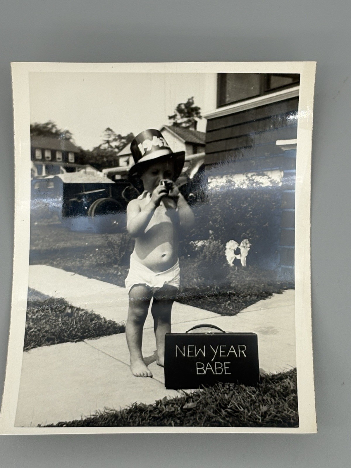 Vintage Baby New Year Photo 1946 Diaper Suitcase Outdoors Lawn House Car
