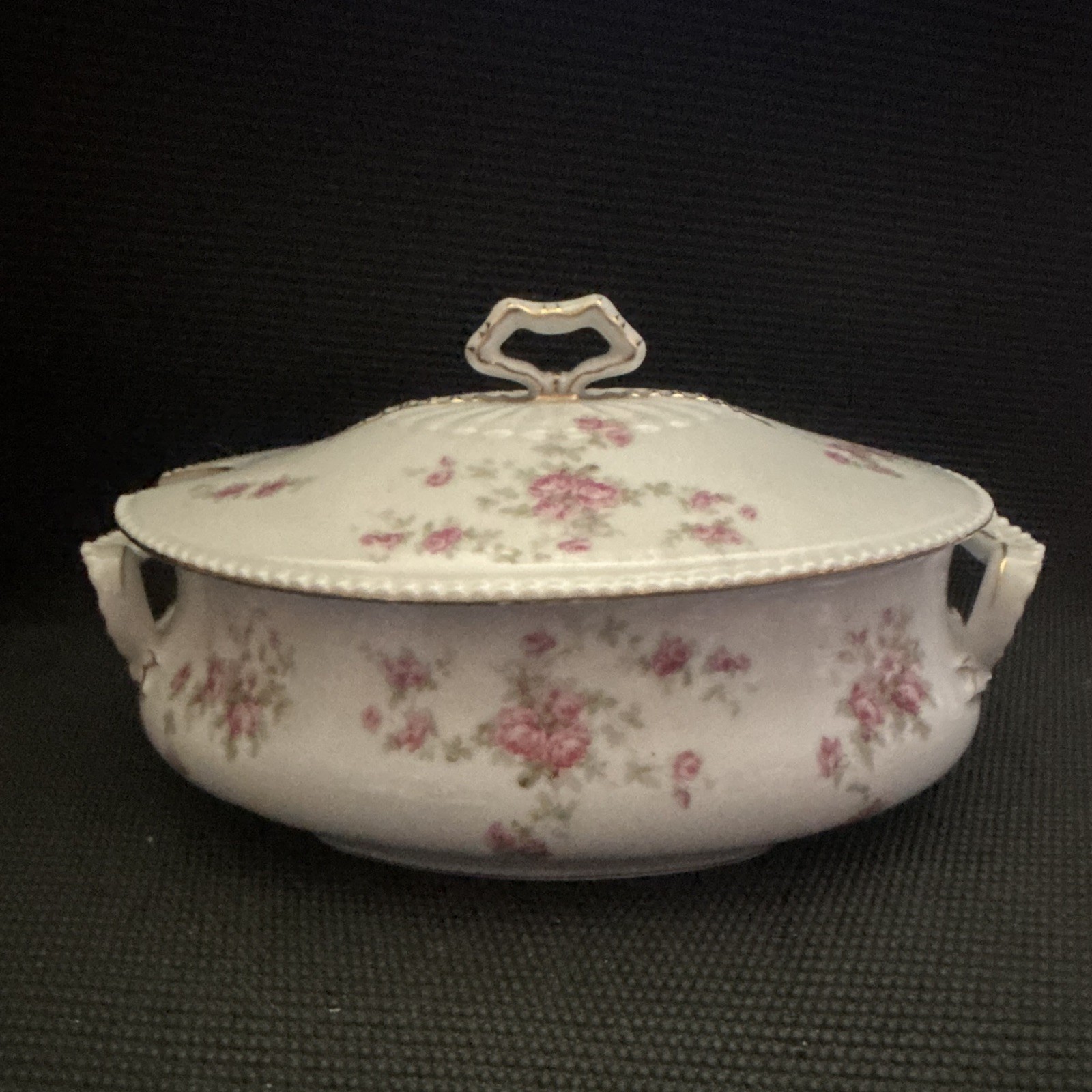 Schwarzburg Germany Porcelain Tureen w/ Lid White Pink Green Floral w/  Gold