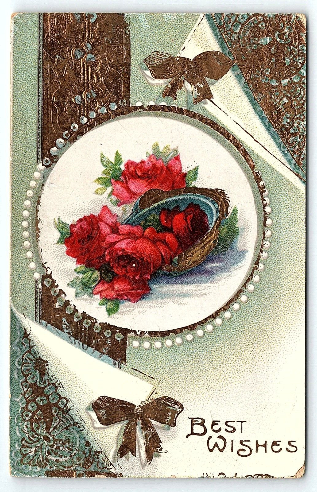 c1910 CROOKSTON MINNESOTA BEST WISHES ROSES GUILDED EMBOSSED POSTCARD P3642