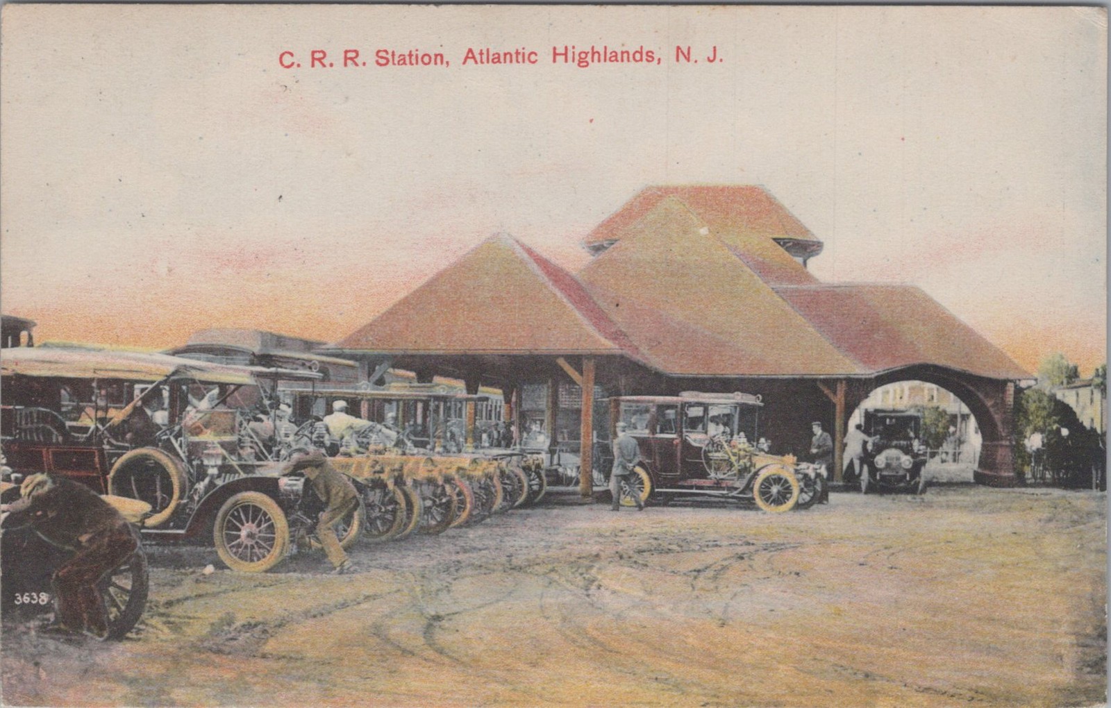 CRR Railroad Depot Atlantic Highlands New Jersey NJ Touring Cars 1908 Postcard