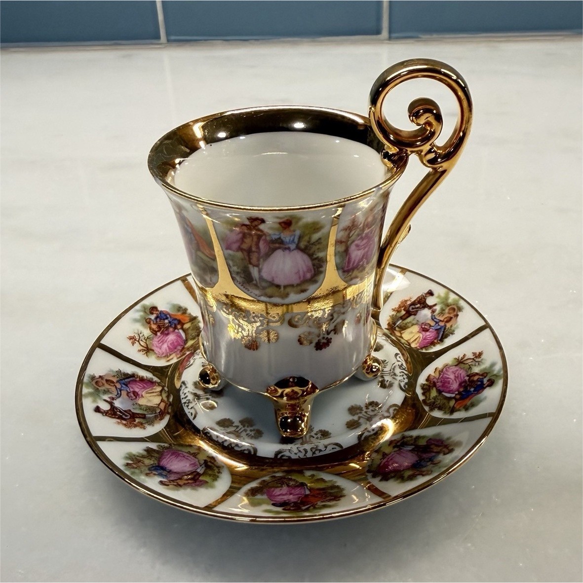 Vintage JK W Bavaria Germany Footed Demitasse Cup Saucer Gold Courting Couple Vintage JK W Bavaria Germany Footed Demitasse Cup Saucer Gold Courting Couple