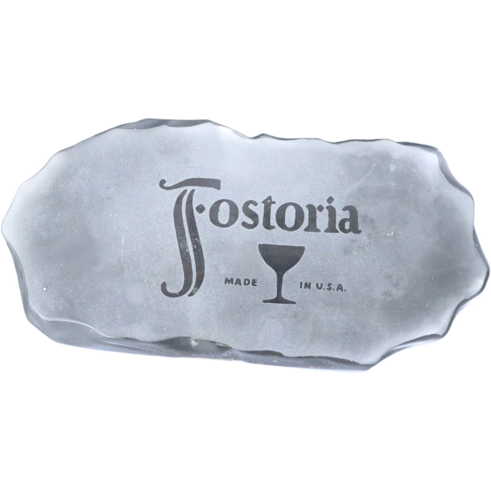 Vintage Fostoria Glass Dealer Store Display Sign Frosted Scalloped Paper Weight