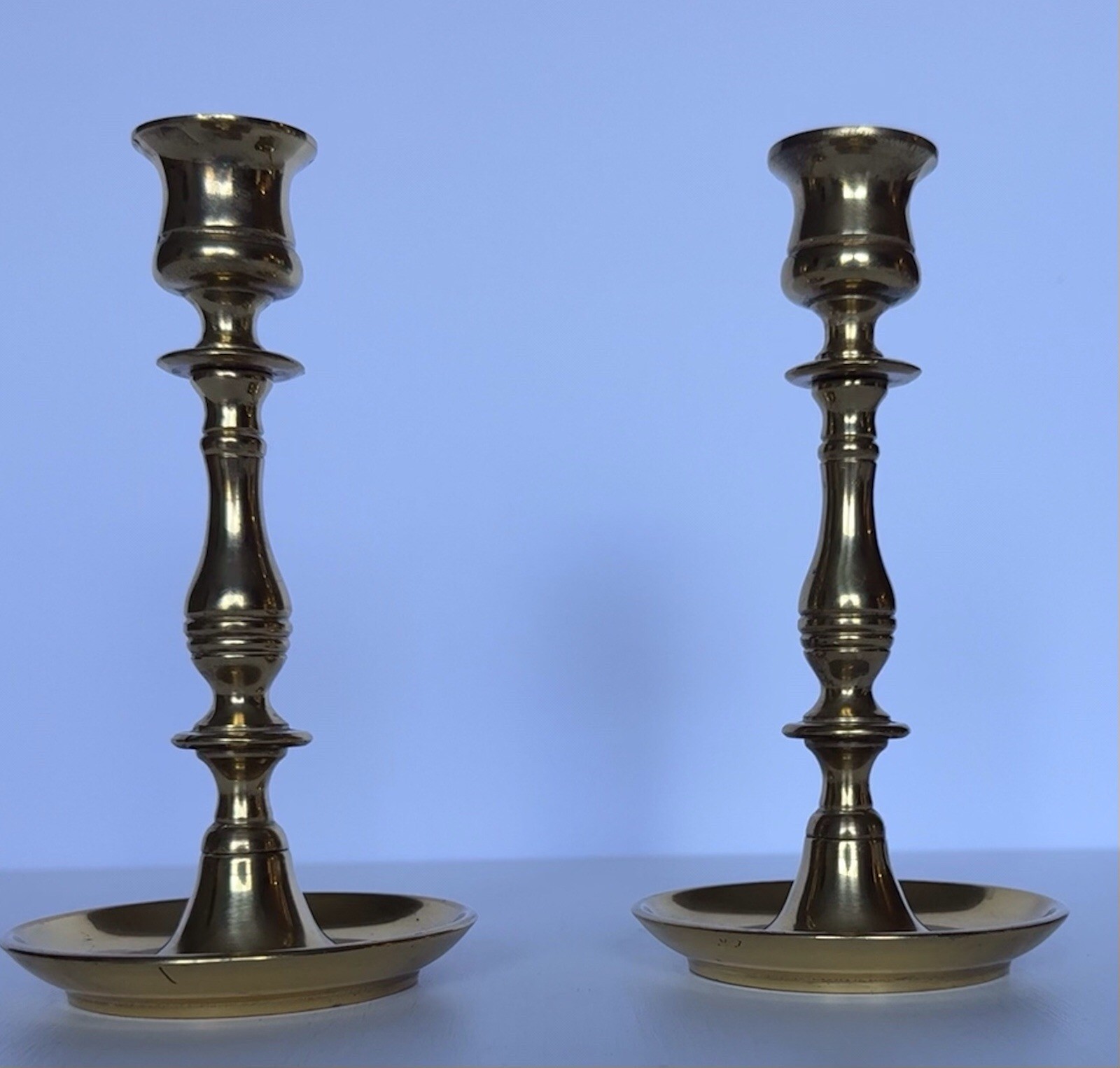 Vintage Pair of Brass Candle Sticks w/ Drip Plate Baluster Style Made In England