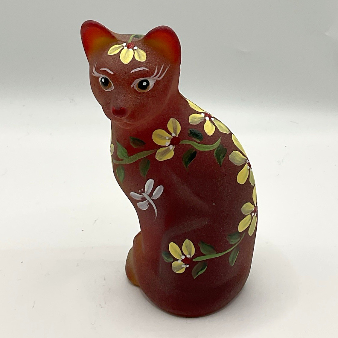 Fenton Hand Painted OOAK Stylized Ruby Cat Floral Design by Melissa Caplinger