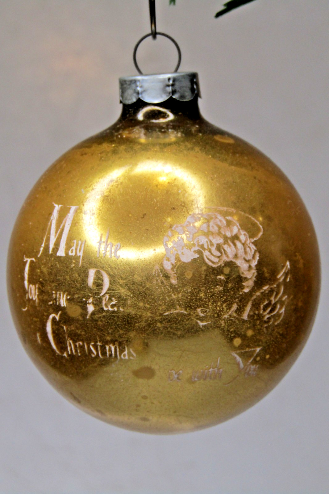 VTG pre WWII Glass Pictured May The Joy & Peace ANGEL BALL Christmas Ornament US